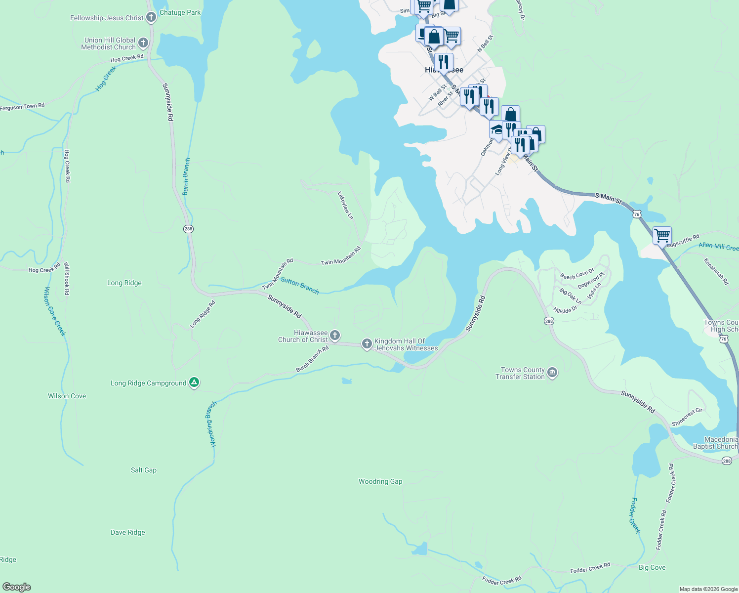 map of restaurants, bars, coffee shops, grocery stores, and more near 447 Bursey Road in Hiawassee