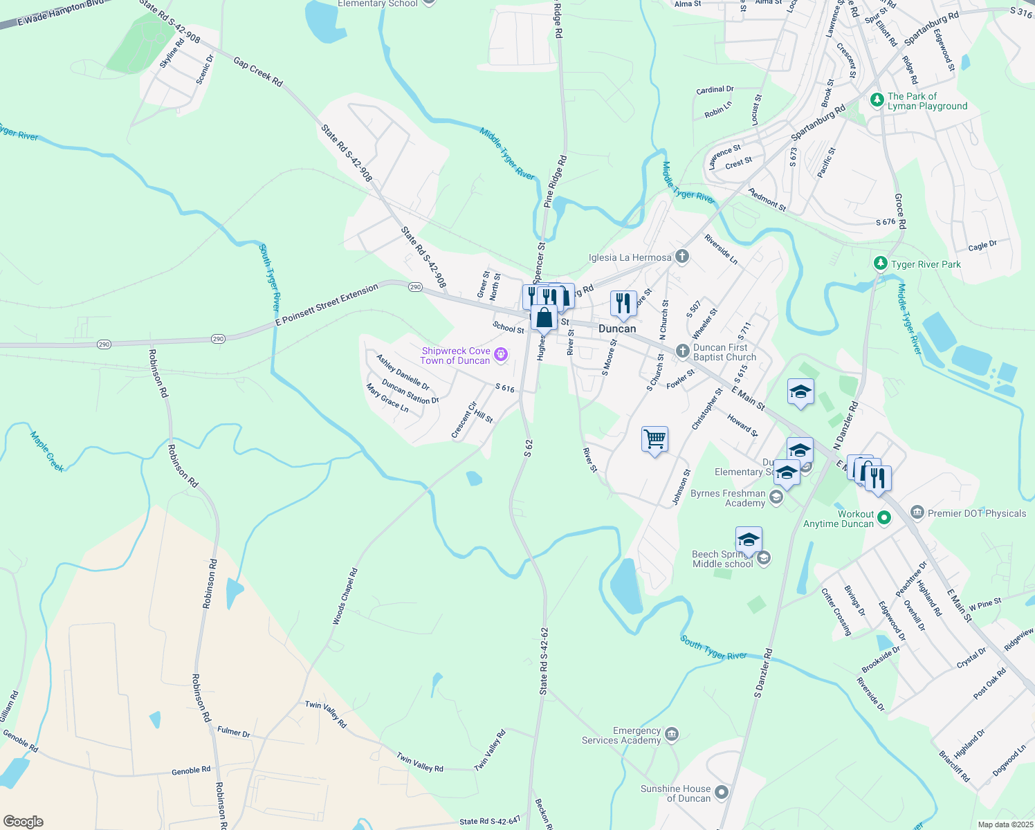 map of restaurants, bars, coffee shops, grocery stores, and more near 117 South Spencer Street in Duncan