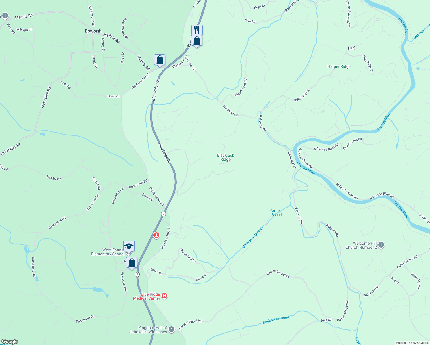 map of restaurants, bars, coffee shops, grocery stores, and more near 561 White Oak Circle in Blue Ridge