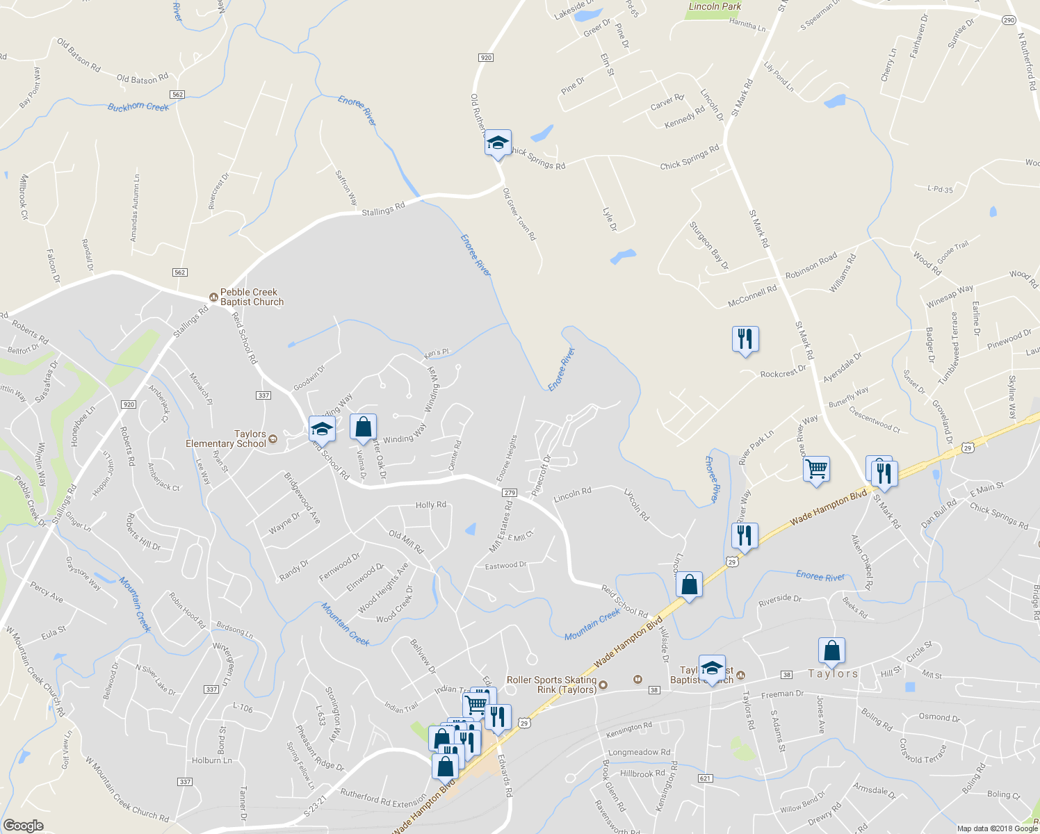 map of restaurants, bars, coffee shops, grocery stores, and more near 20 Enoree Heights in Taylors