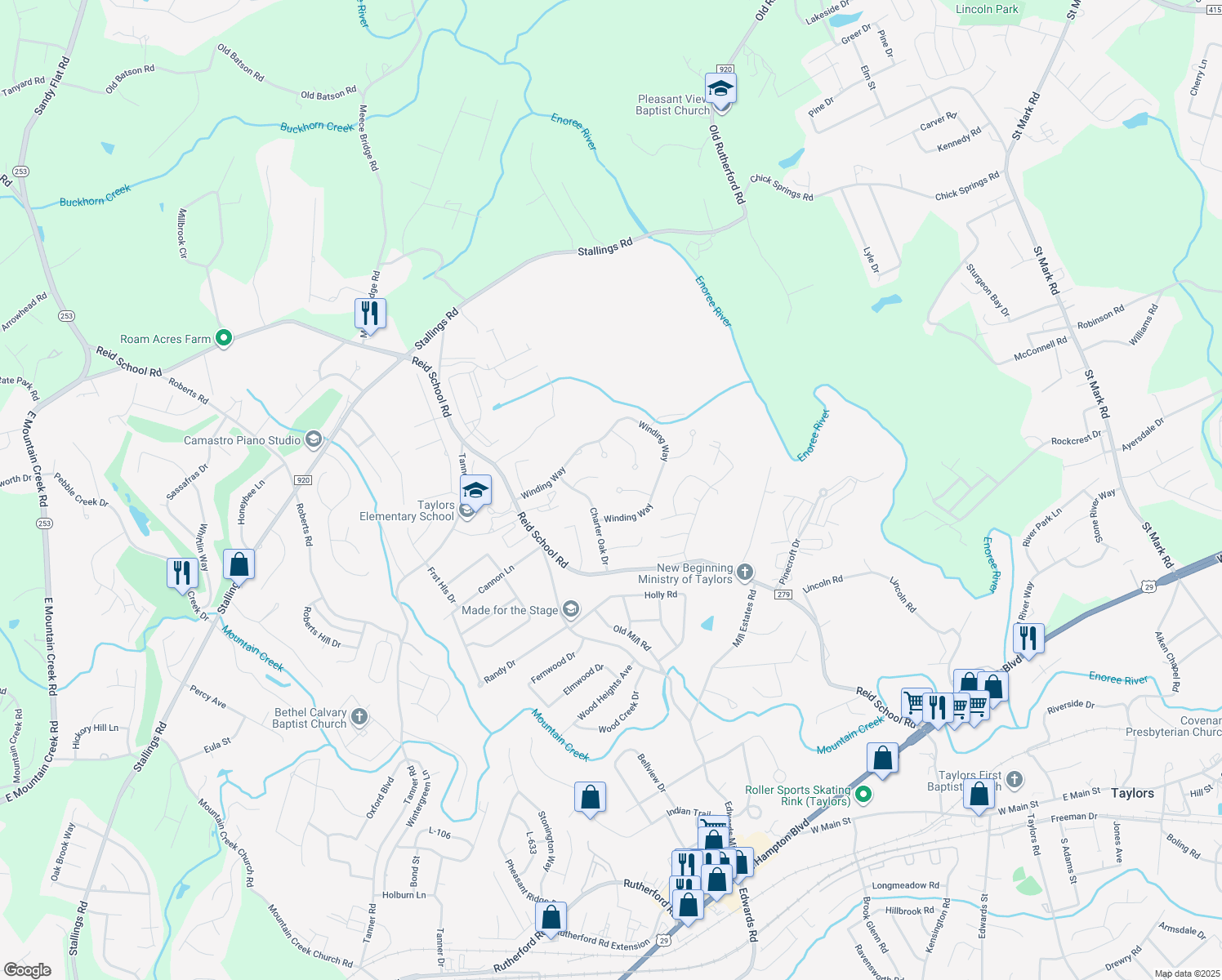 map of restaurants, bars, coffee shops, grocery stores, and more near 1018 Fox Row in Taylors