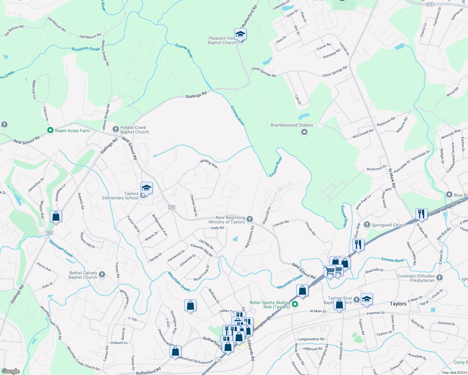 map of restaurants, bars, coffee shops, grocery stores, and more near 1 Center Road in Travelers Rest
