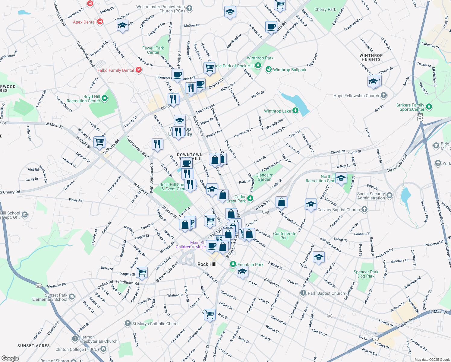 map of restaurants, bars, coffee shops, grocery stores, and more near 312 Oakland Avenue in Rock Hill