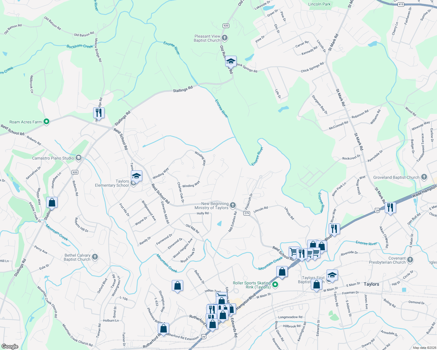 map of restaurants, bars, coffee shops, grocery stores, and more near 1 Echo Valley Drive in Taylors