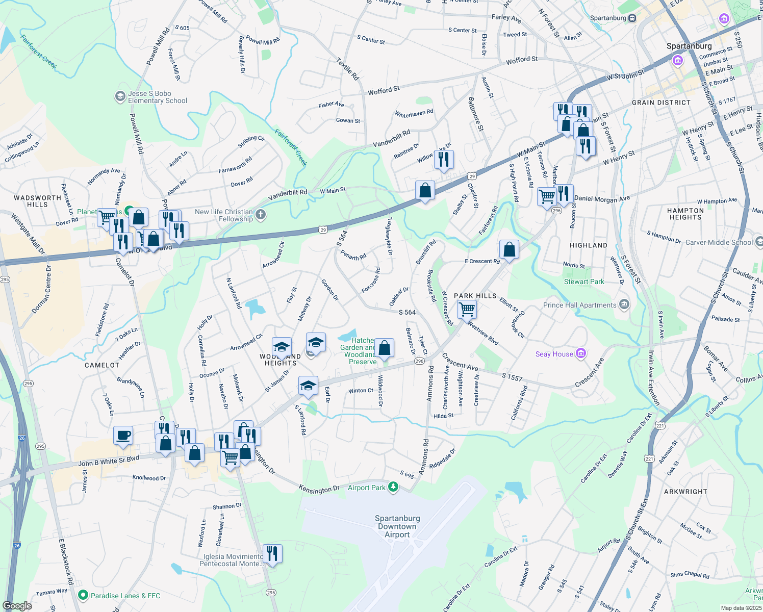 map of restaurants, bars, coffee shops, grocery stores, and more near 125 Briarwood Road in Spartanburg