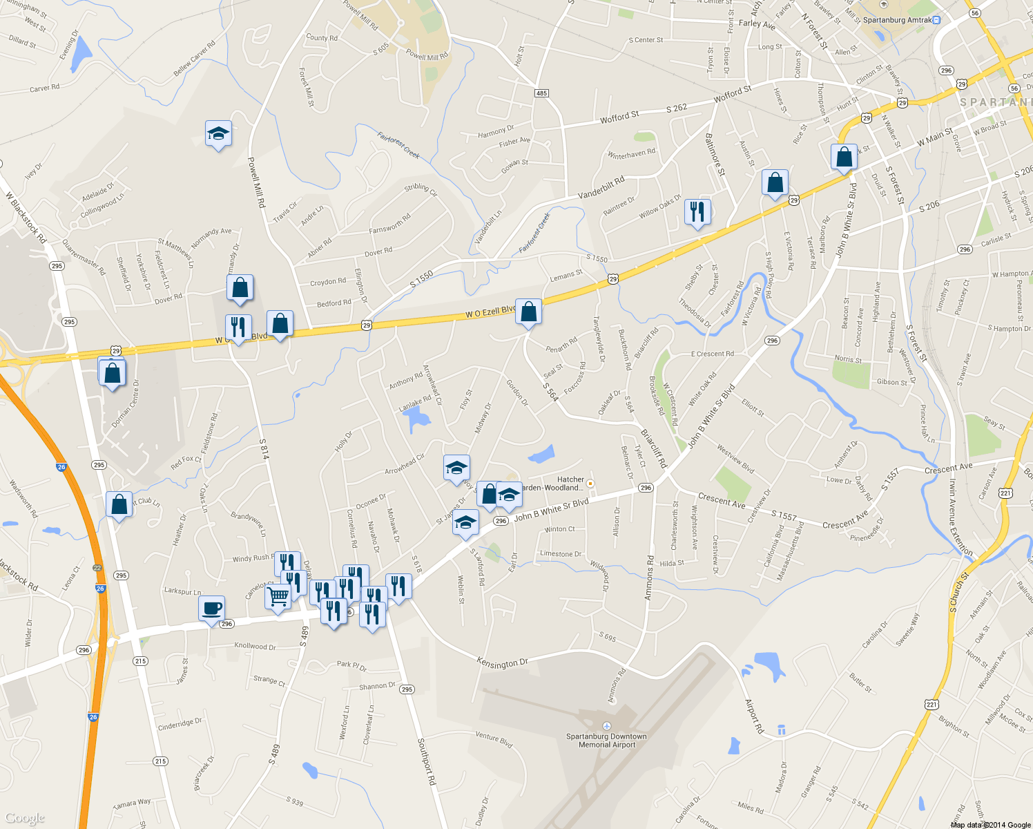 map of restaurants, bars, coffee shops, grocery stores, and more near 105 Saint James Drive in Spartanburg