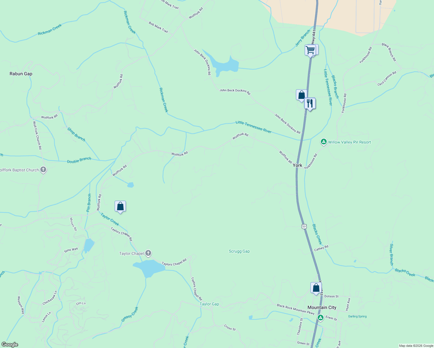 map of restaurants, bars, coffee shops, grocery stores, and more near 45-47 Rock Hill Lane in Rabun