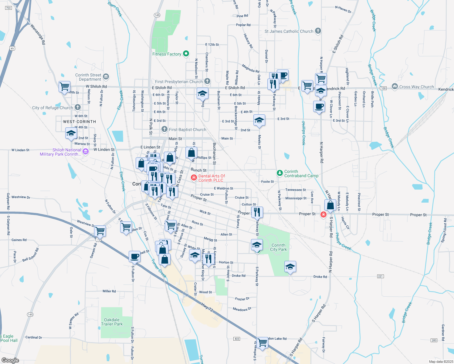 map of restaurants, bars, coffee shops, grocery stores, and more near 1501 Foote Street in Corinth