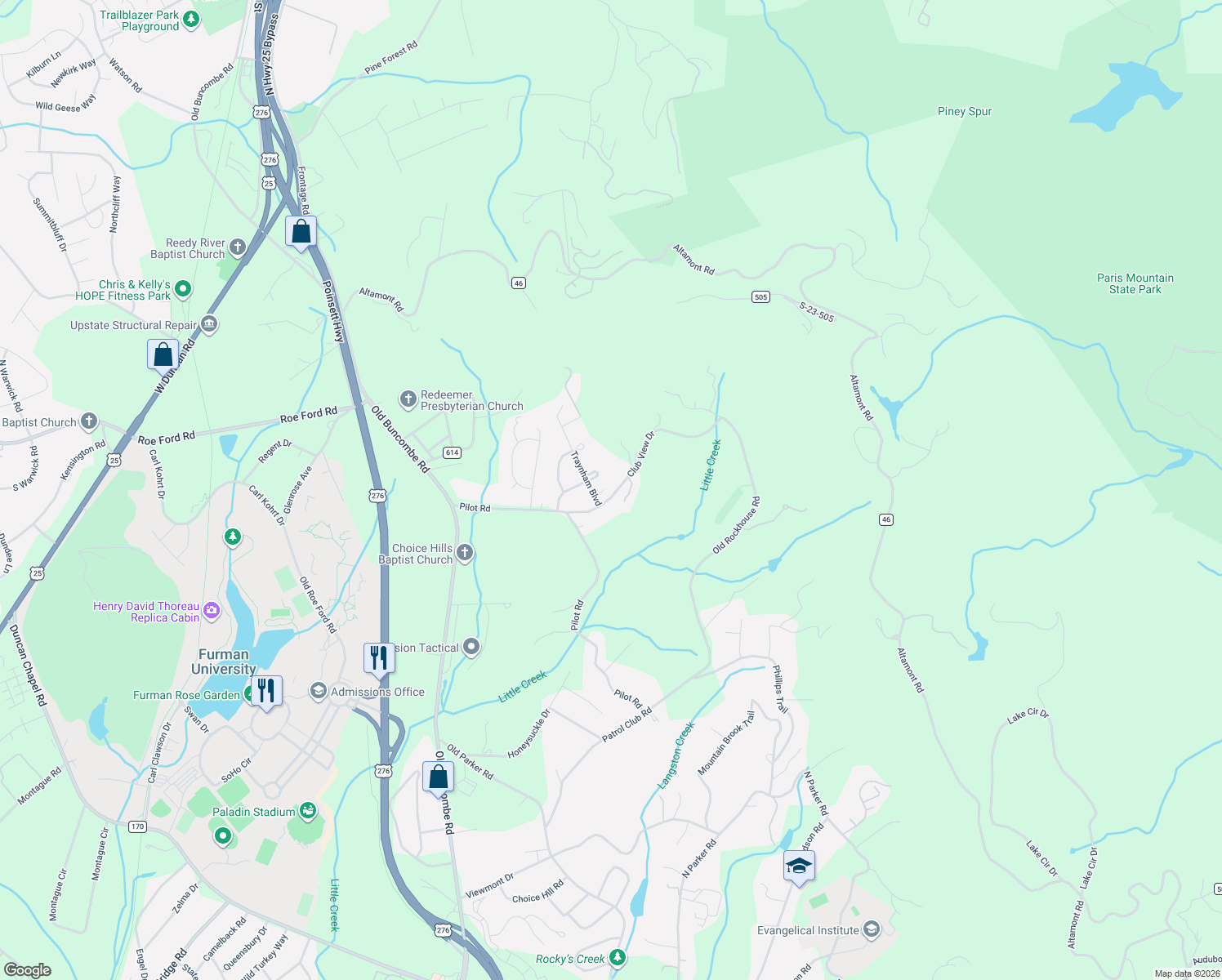 map of restaurants, bars, coffee shops, grocery stores, and more near 117 Club Drive in Greenville
