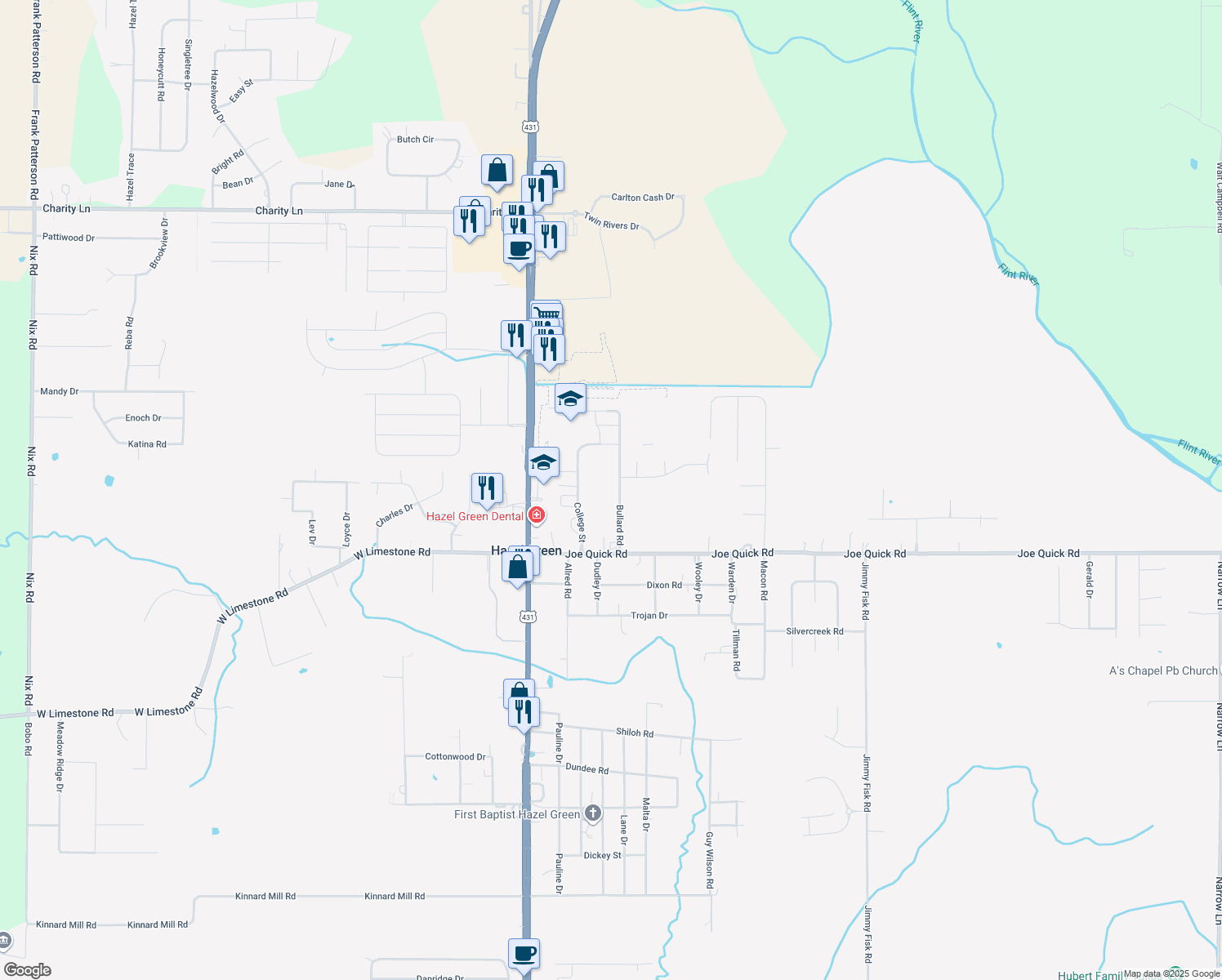 map of restaurants, bars, coffee shops, grocery stores, and more near 118 Bullard Road in Hazel Green