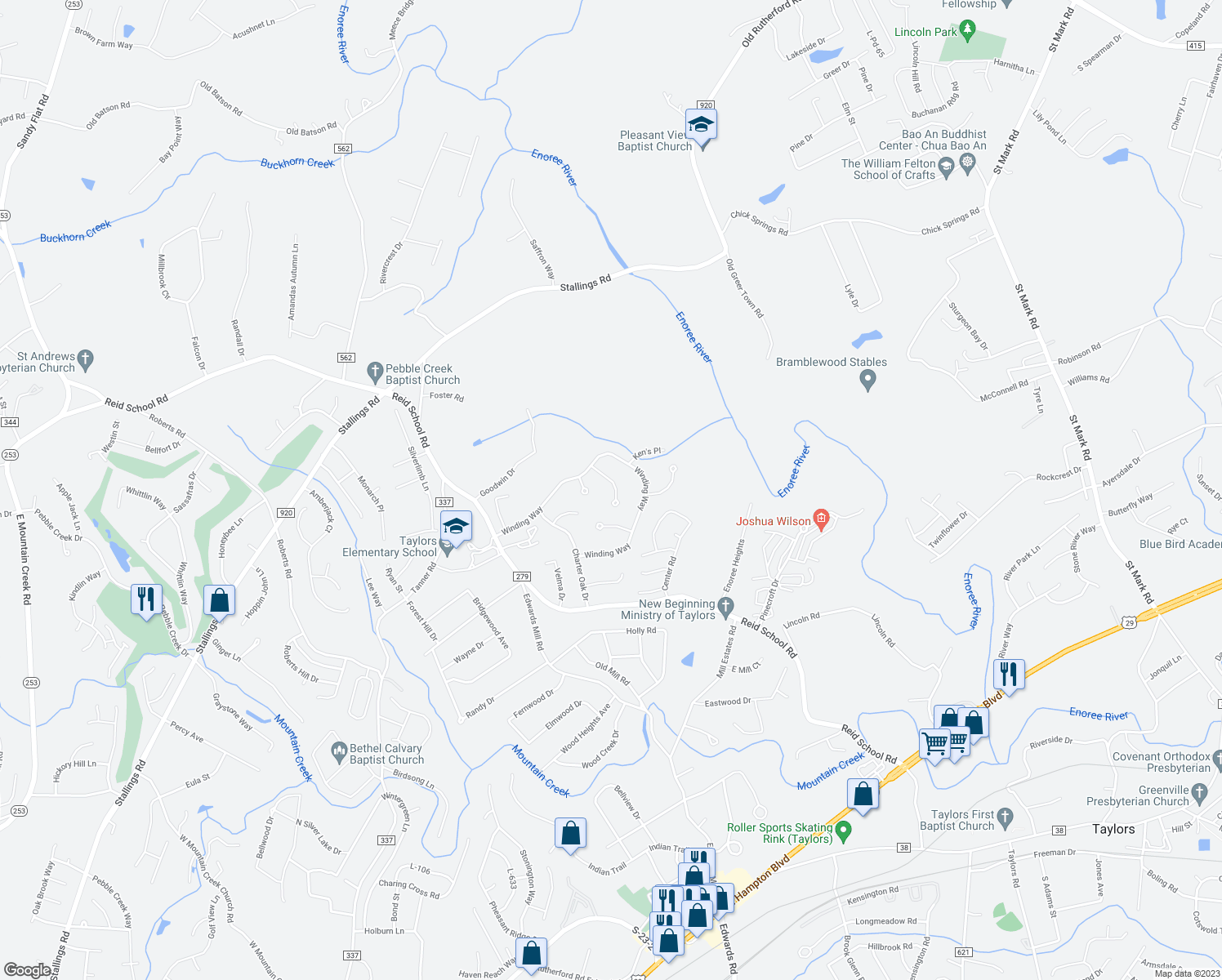 map of restaurants, bars, coffee shops, grocery stores, and more near 1012 Havelock Drive in Taylors