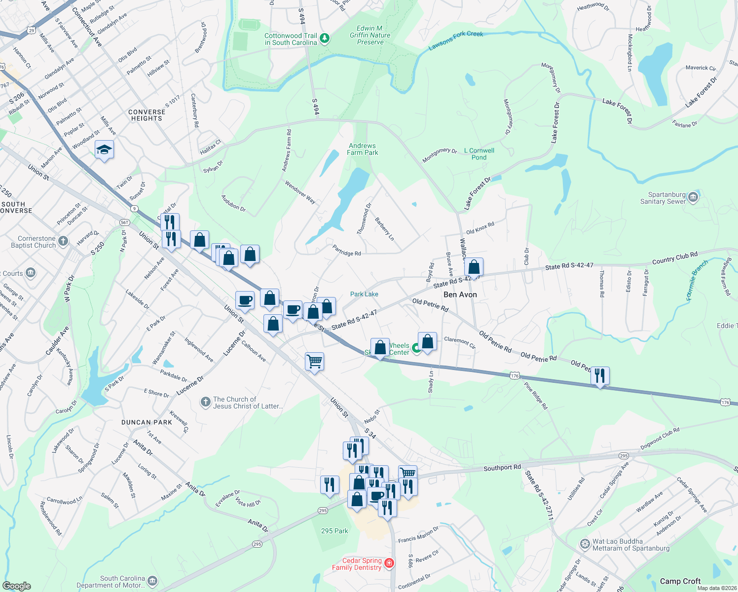 map of restaurants, bars, coffee shops, grocery stores, and more near 2229 Avondale Dr in Spartanburg