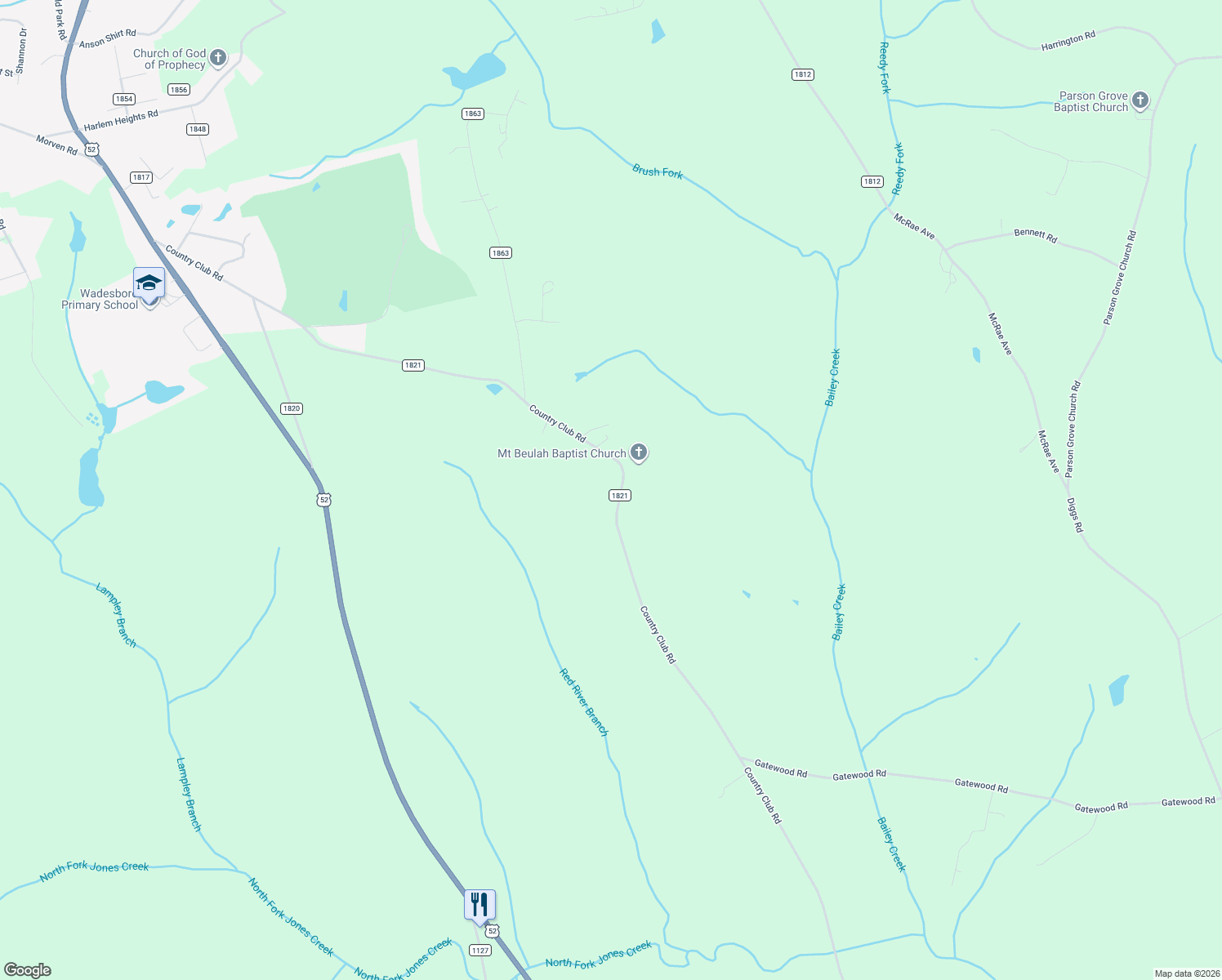 map of restaurants, bars, coffee shops, grocery stores, and more near 3444 Country Club Road in Wadesboro