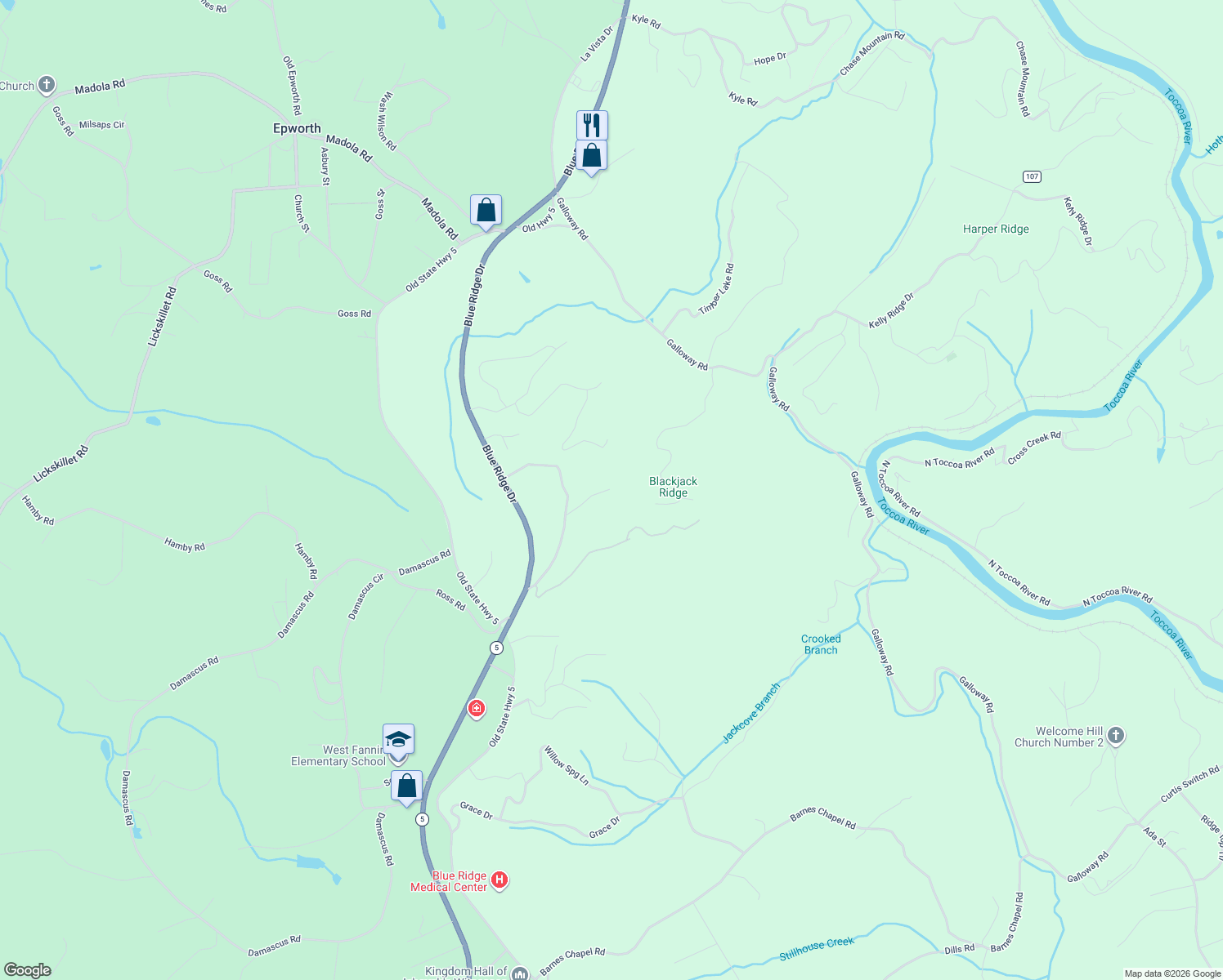 map of restaurants, bars, coffee shops, grocery stores, and more near 223 White Oak Circle in Blue Ridge