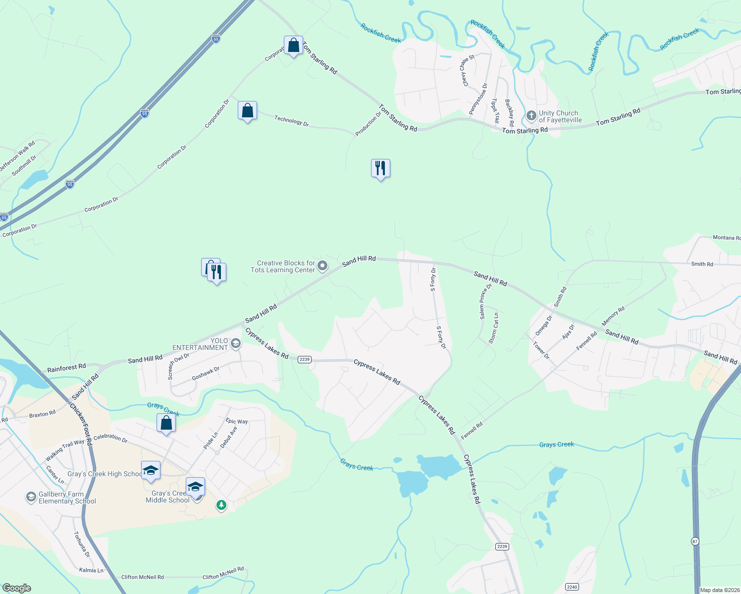 map of restaurants, bars, coffee shops, grocery stores, and more near 1401 Leander Lane in Hope Mills