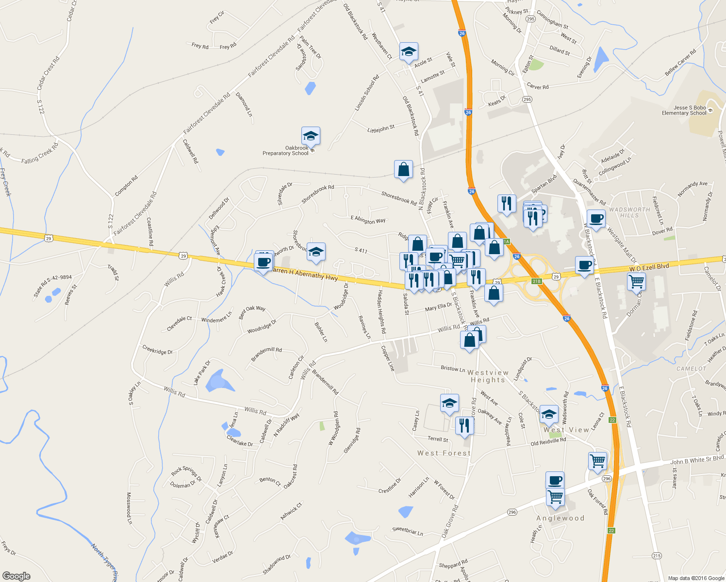 map of restaurants, bars, coffee shops, grocery stores, and more near 8261 Warren H Abernathy Highway in Spartanburg