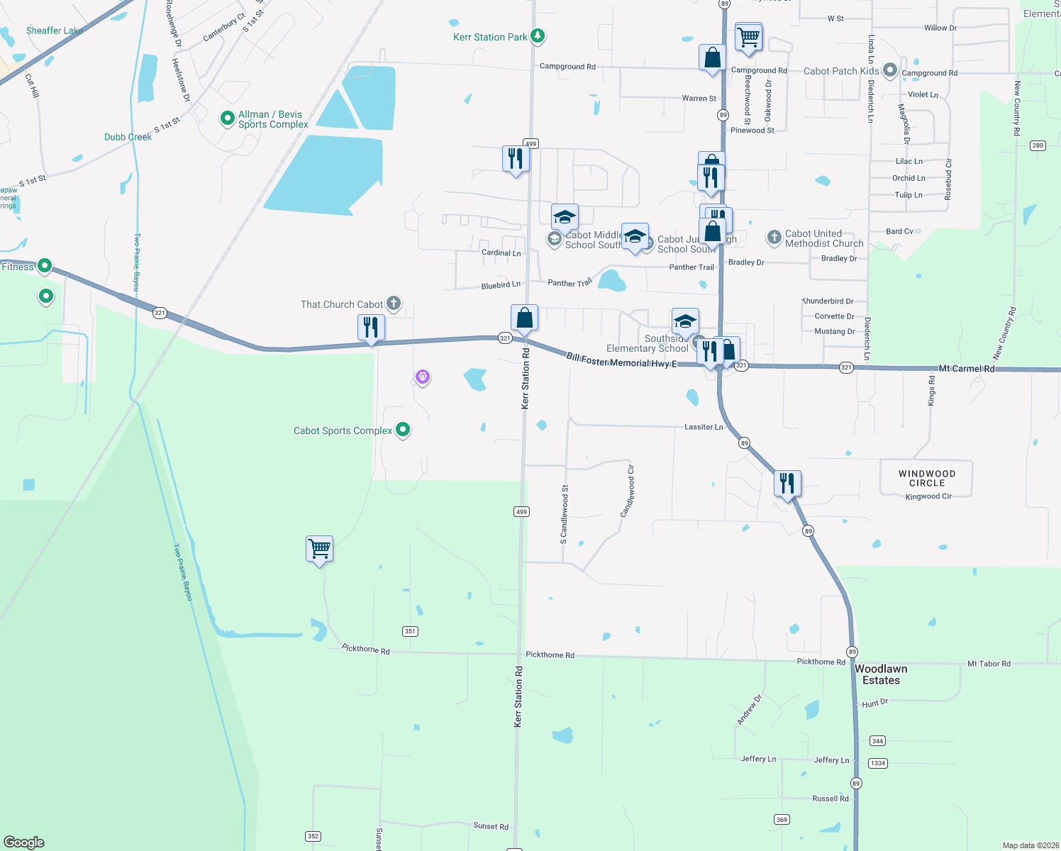 map of restaurants, bars, coffee shops, grocery stores, and more near 3215 Kerr Station Rd in Cabot