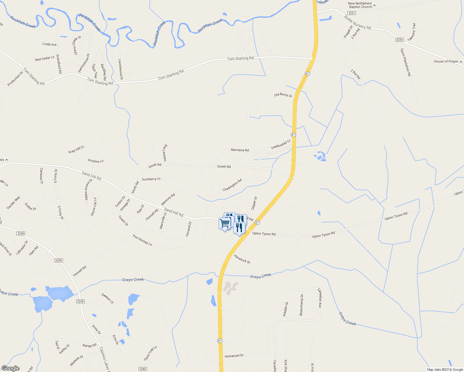 map of restaurants, bars, coffee shops, grocery stores, and more near 1420 Chedington Road in Hope Mills