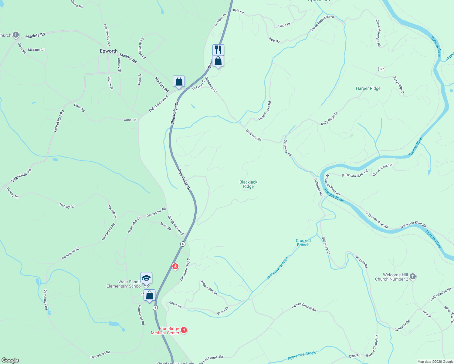 map of restaurants, bars, coffee shops, grocery stores, and more near 337 White Oak Circle in Blue Ridge