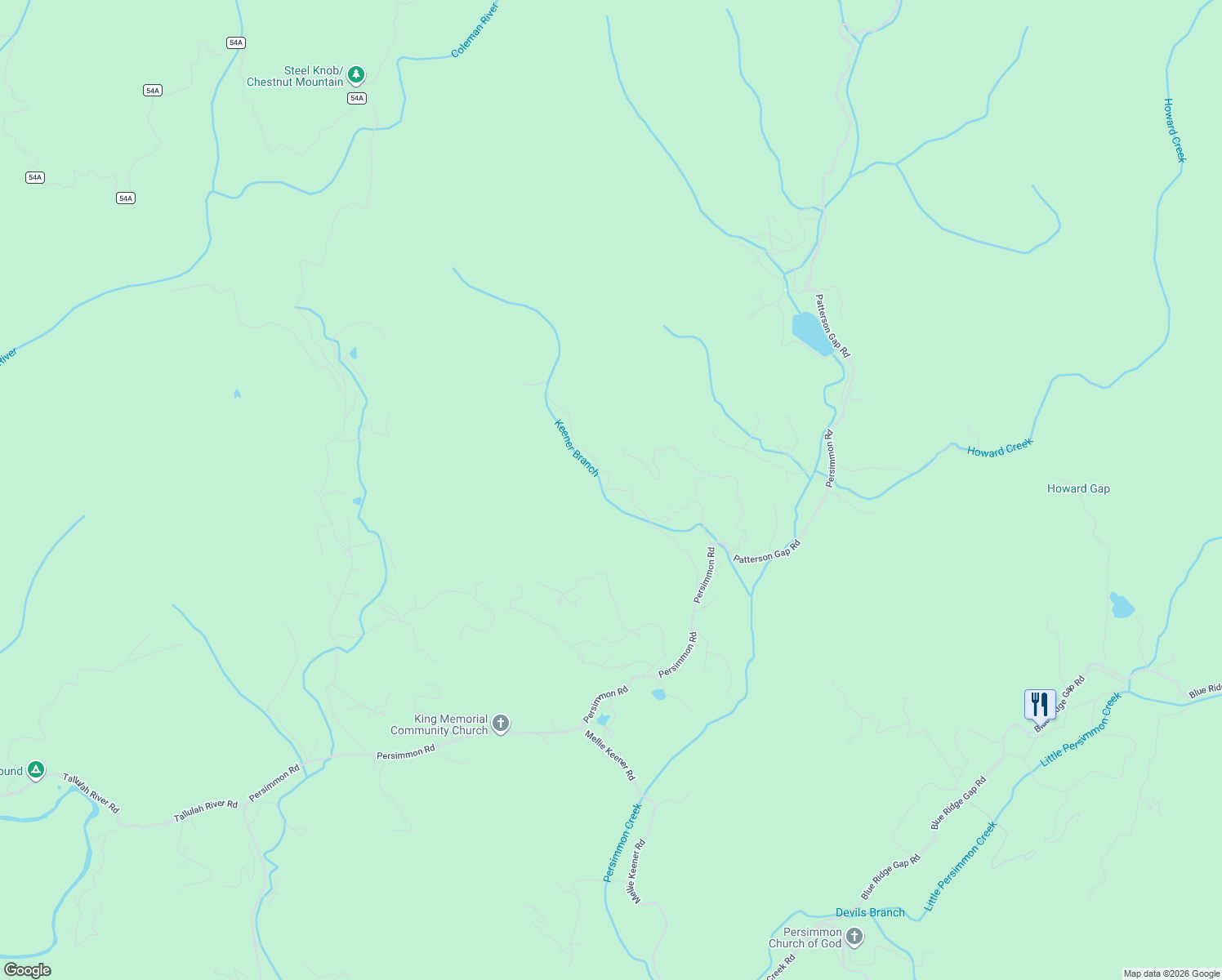 map of restaurants, bars, coffee shops, grocery stores, and more near Jim Keener Lane in Rabun County