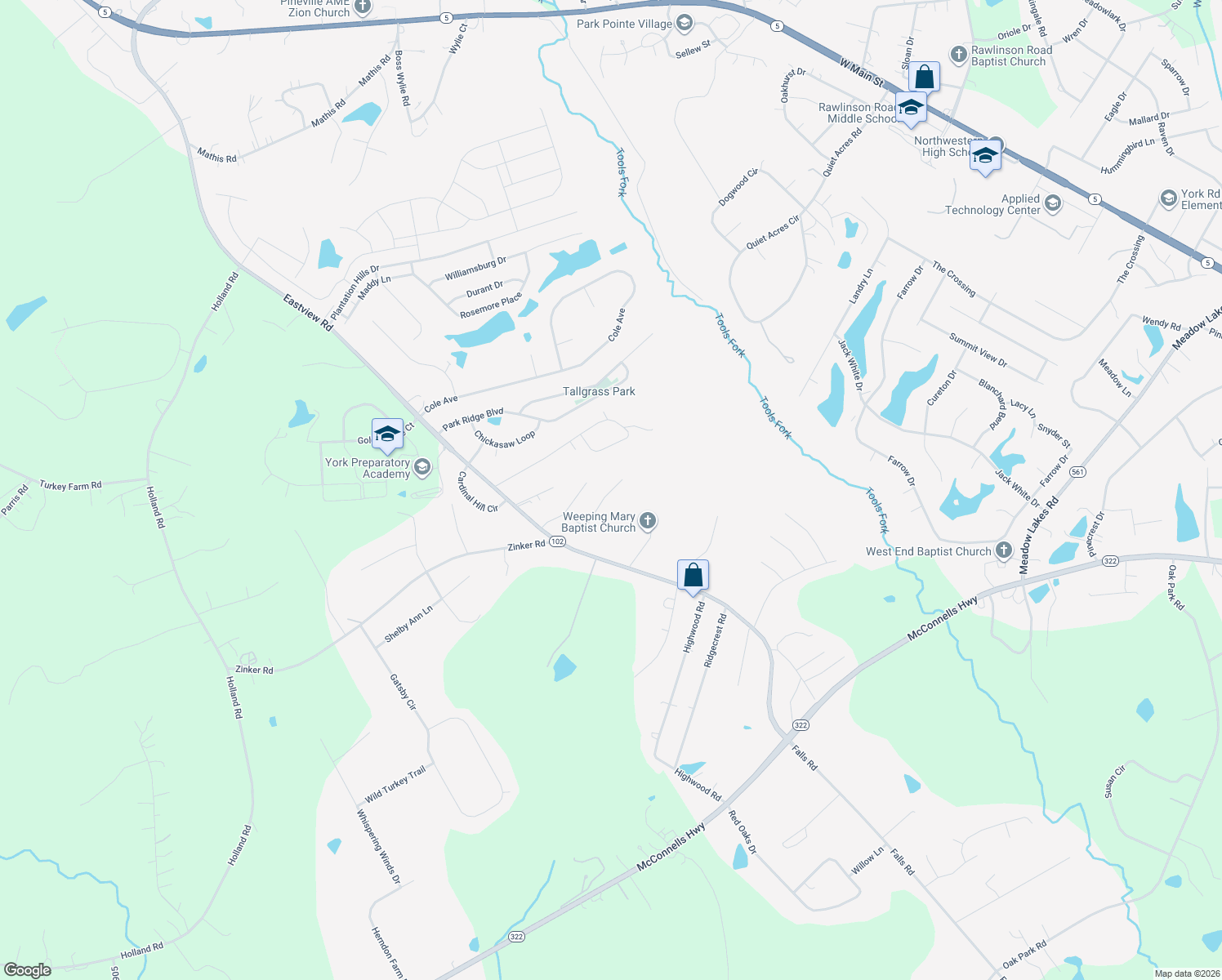map of restaurants, bars, coffee shops, grocery stores, and more near 2187 Longfield Road in Rock Hill