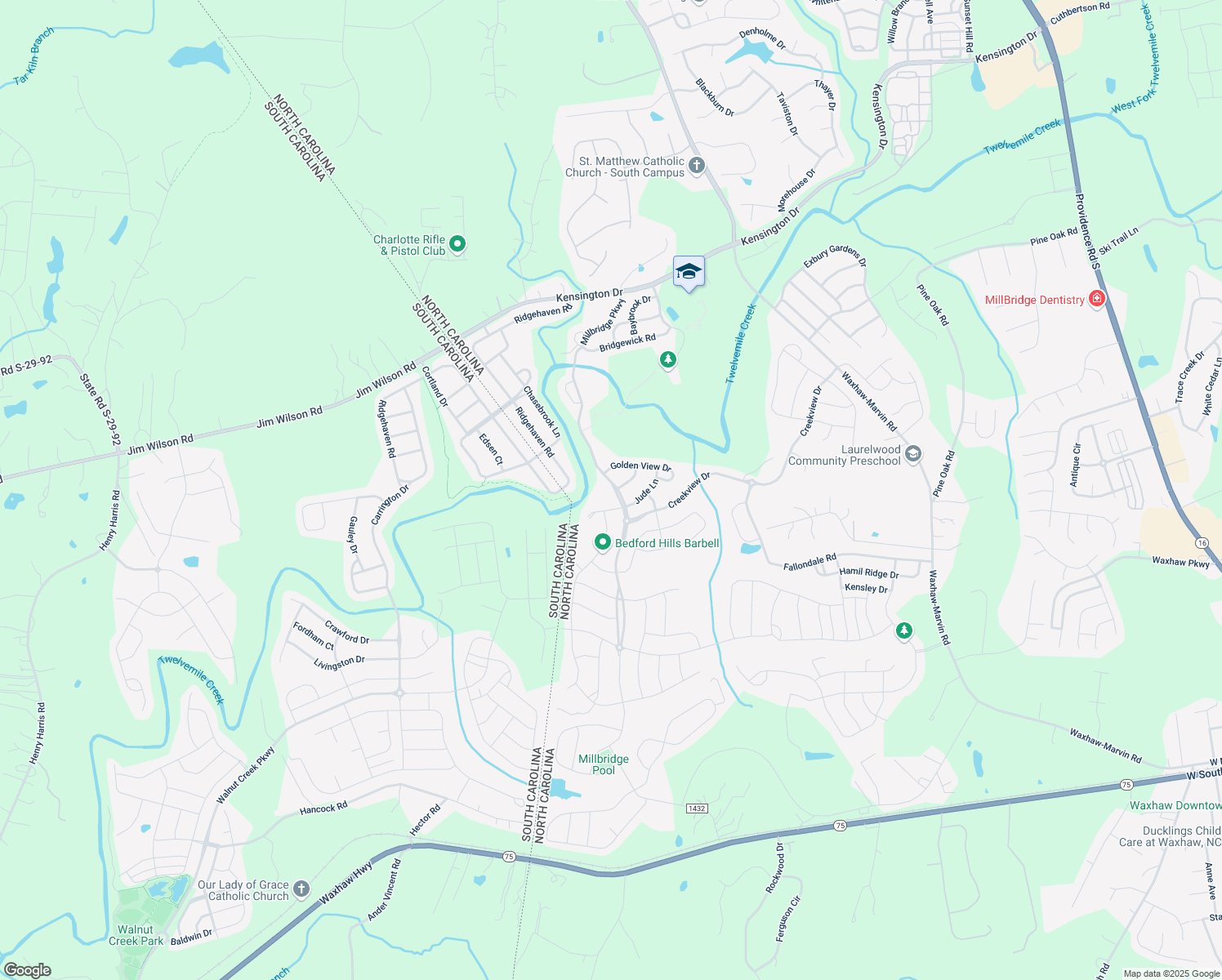 map of restaurants, bars, coffee shops, grocery stores, and more near 1608 Millbridge Parkway in Waxhaw