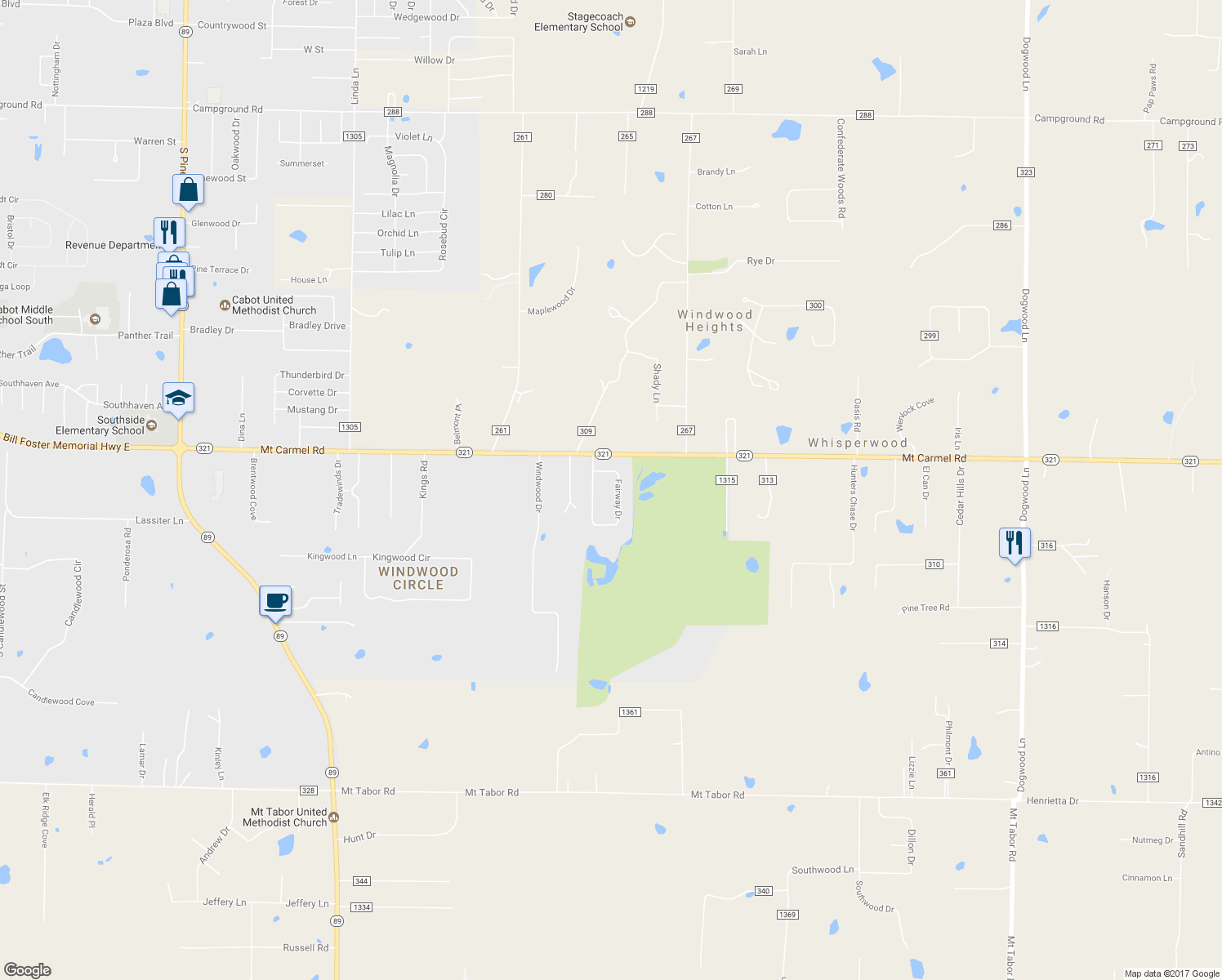 map of restaurants, bars, coffee shops, grocery stores, and more near 33 Fairway Drive in Cabot