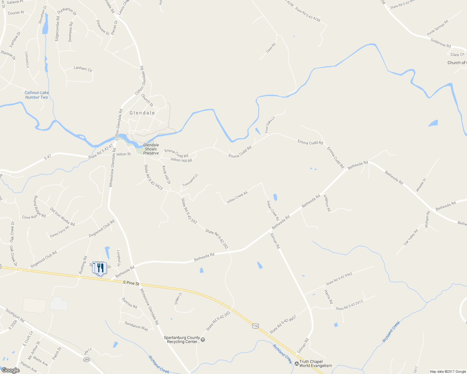 map of restaurants, bars, coffee shops, grocery stores, and more near 380 Indian Creek Road in Spartanburg