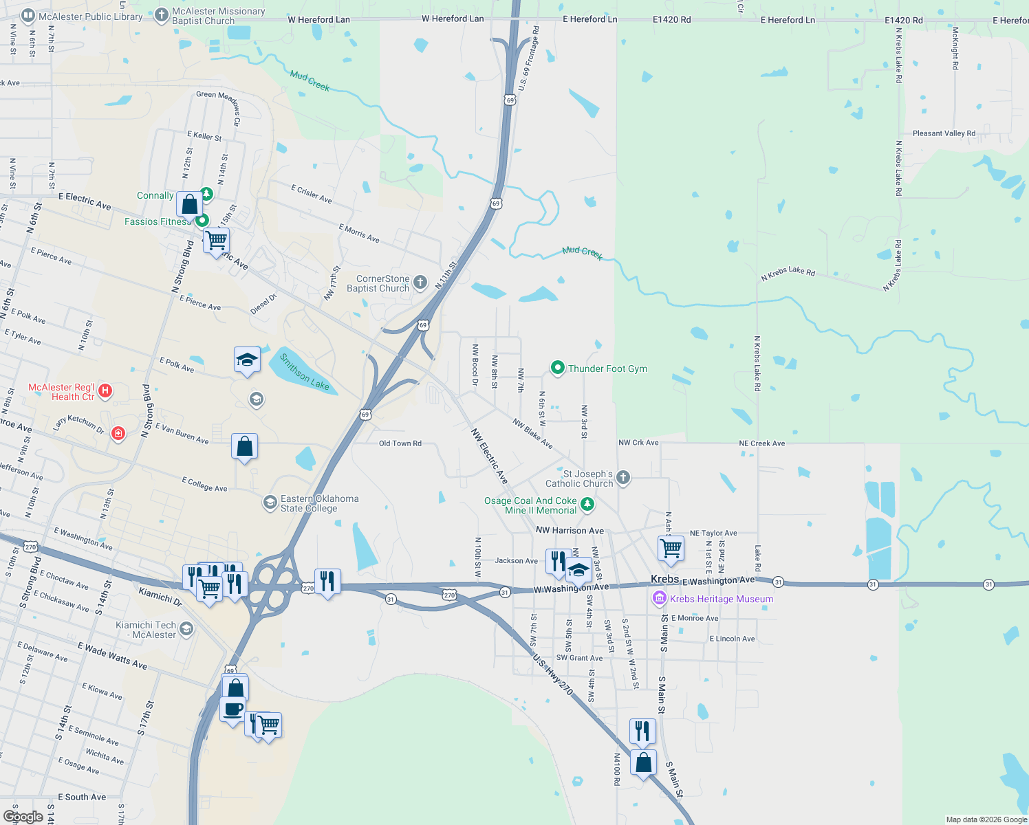 map of restaurants, bars, coffee shops, grocery stores, and more near 565 Northwest 7th in Krebs
