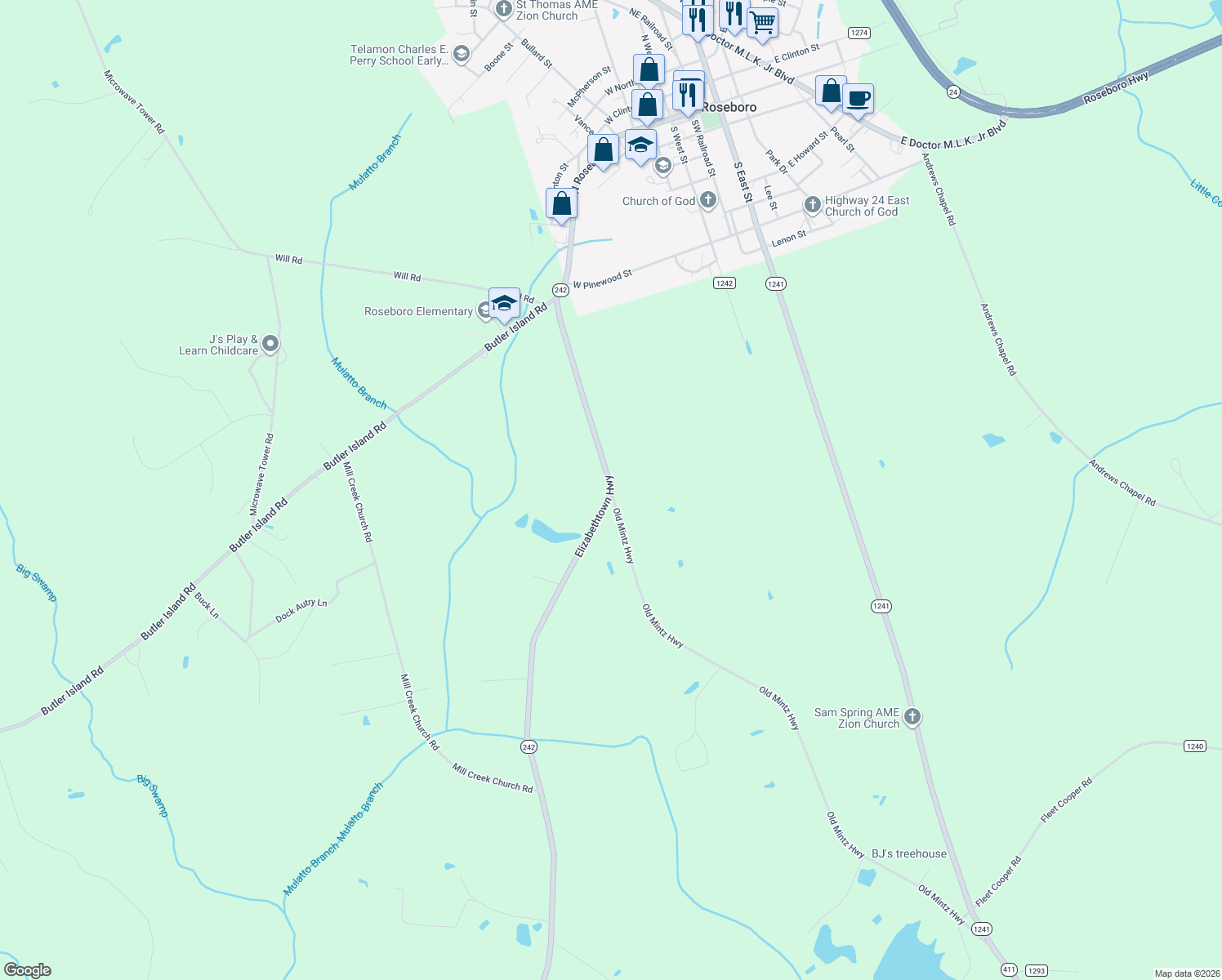 map of restaurants, bars, coffee shops, grocery stores, and more near 1682 Elizabethtown Highway in Roseboro