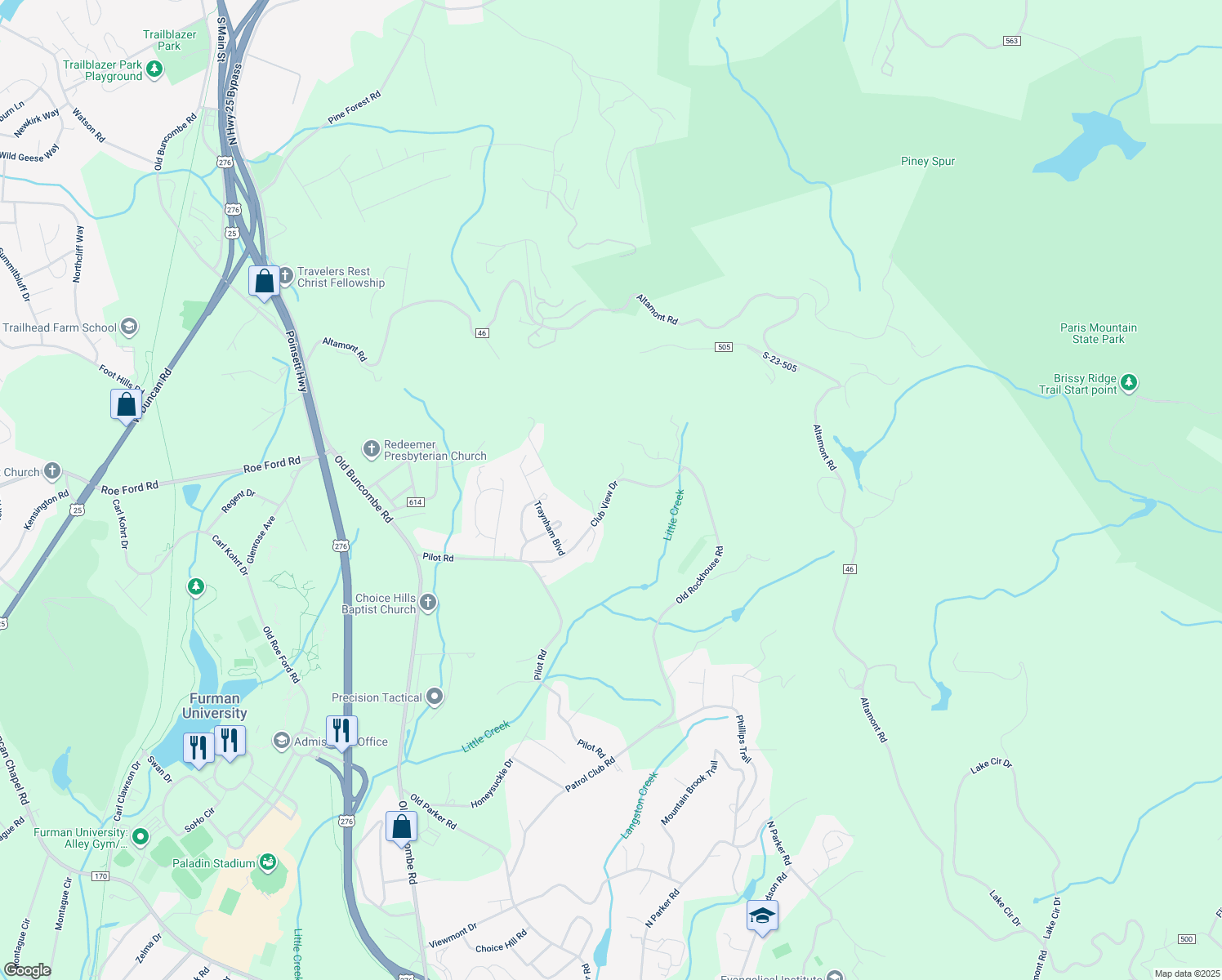 map of restaurants, bars, coffee shops, grocery stores, and more near 136 Club View Drive in Greenville