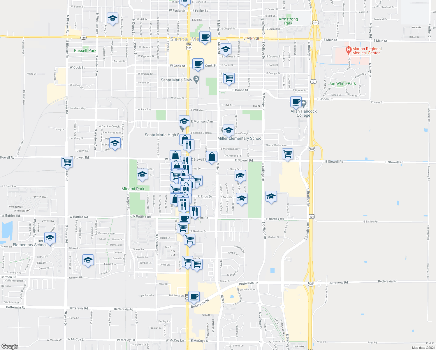 map of restaurants, bars, coffee shops, grocery stores, and more near 401 Barcellus Avenue in Santa Maria