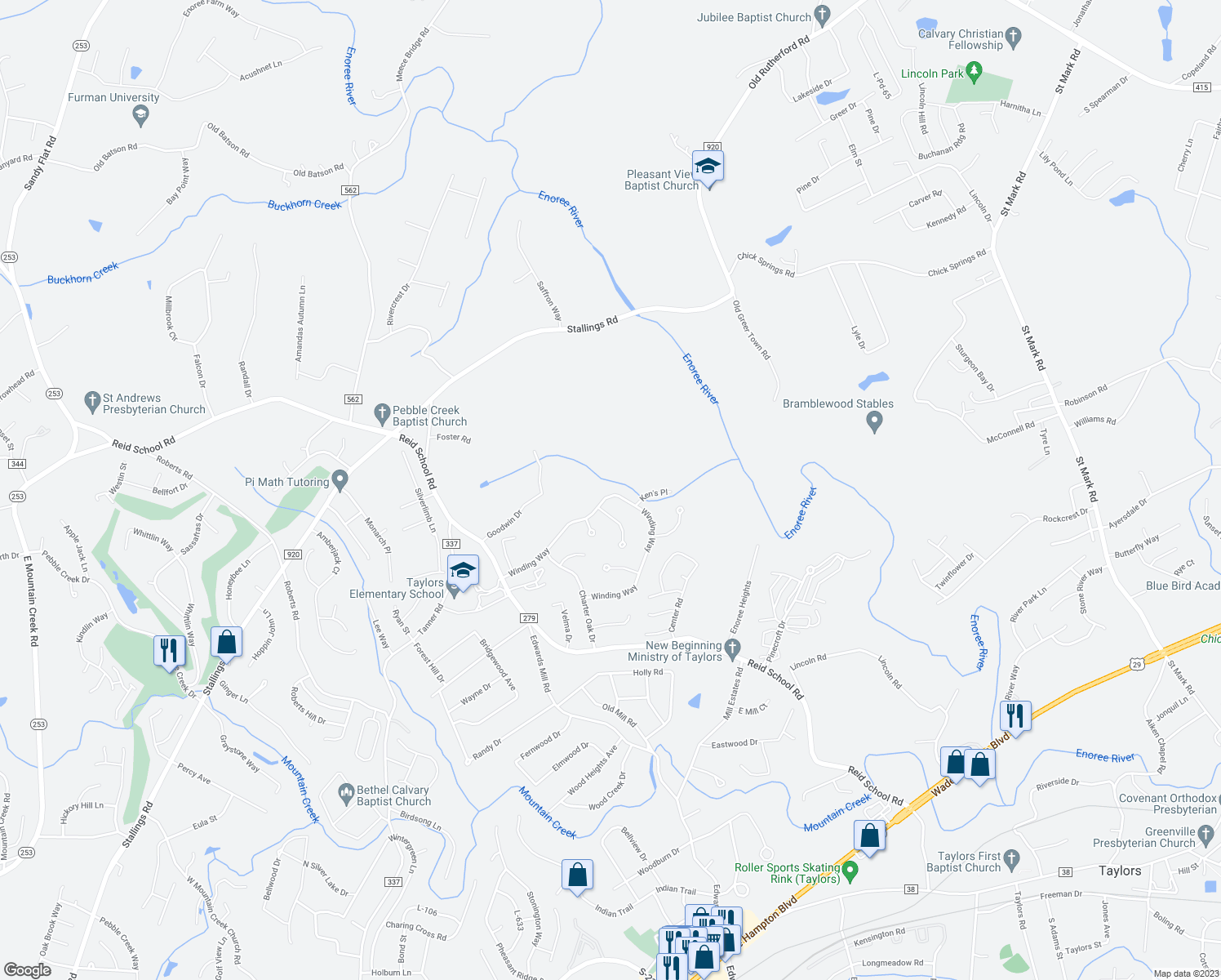 map of restaurants, bars, coffee shops, grocery stores, and more near 1409 Winding Way in Taylors