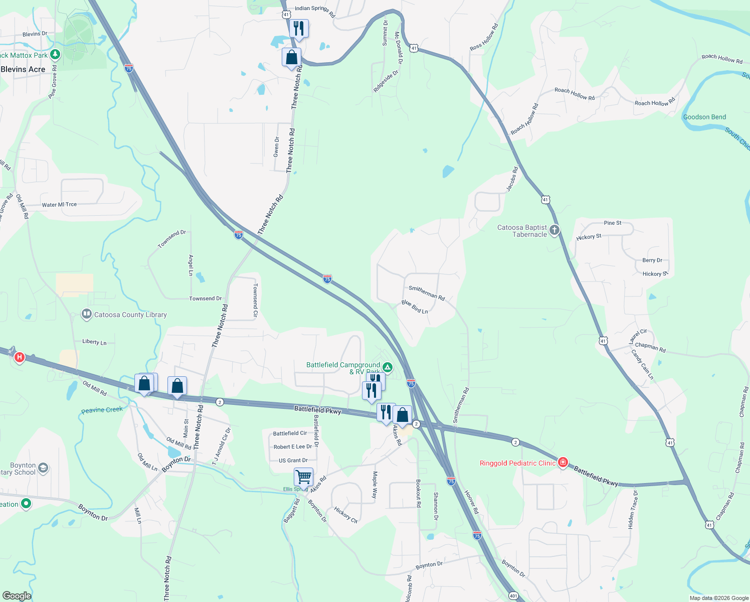 map of restaurants, bars, coffee shops, grocery stores, and more near 238 Hickory Ridge Trail in Ringgold