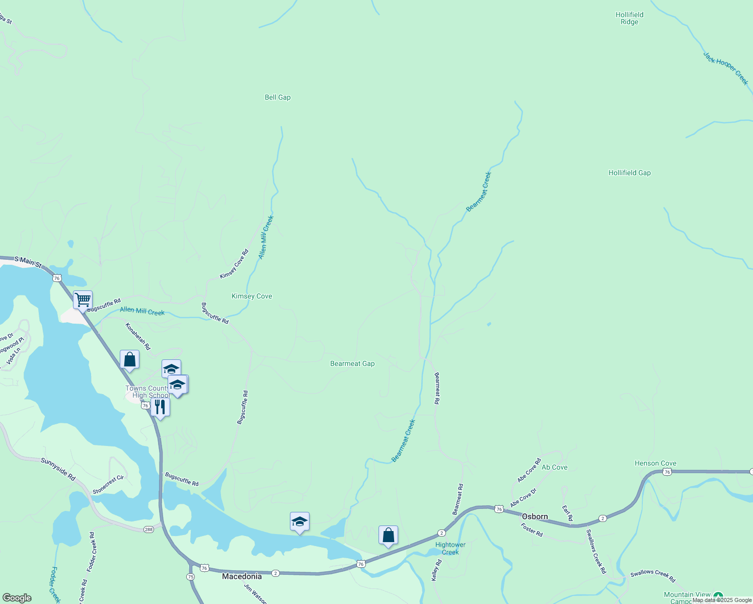 map of restaurants, bars, coffee shops, grocery stores, and more near 725 Bearmeat Spur in Hiawassee