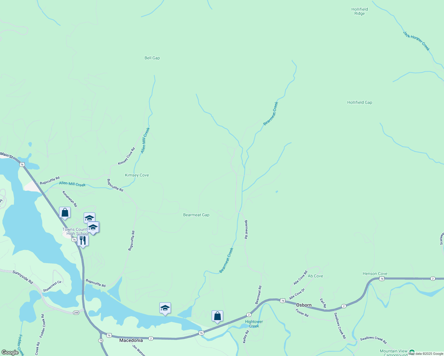 map of restaurants, bars, coffee shops, grocery stores, and more near 725 Bearmeat Spur in Hiawassee