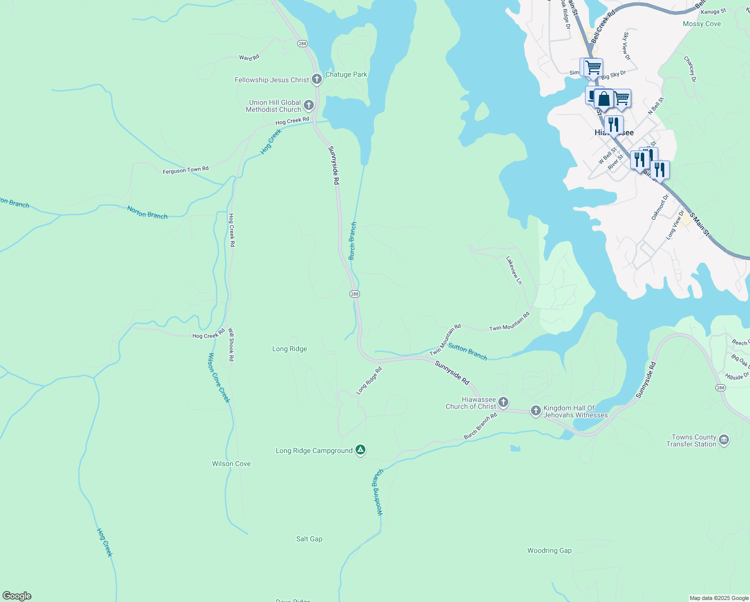 map of restaurants, bars, coffee shops, grocery stores, and more near 722 Sunnyside Road in Hiawassee