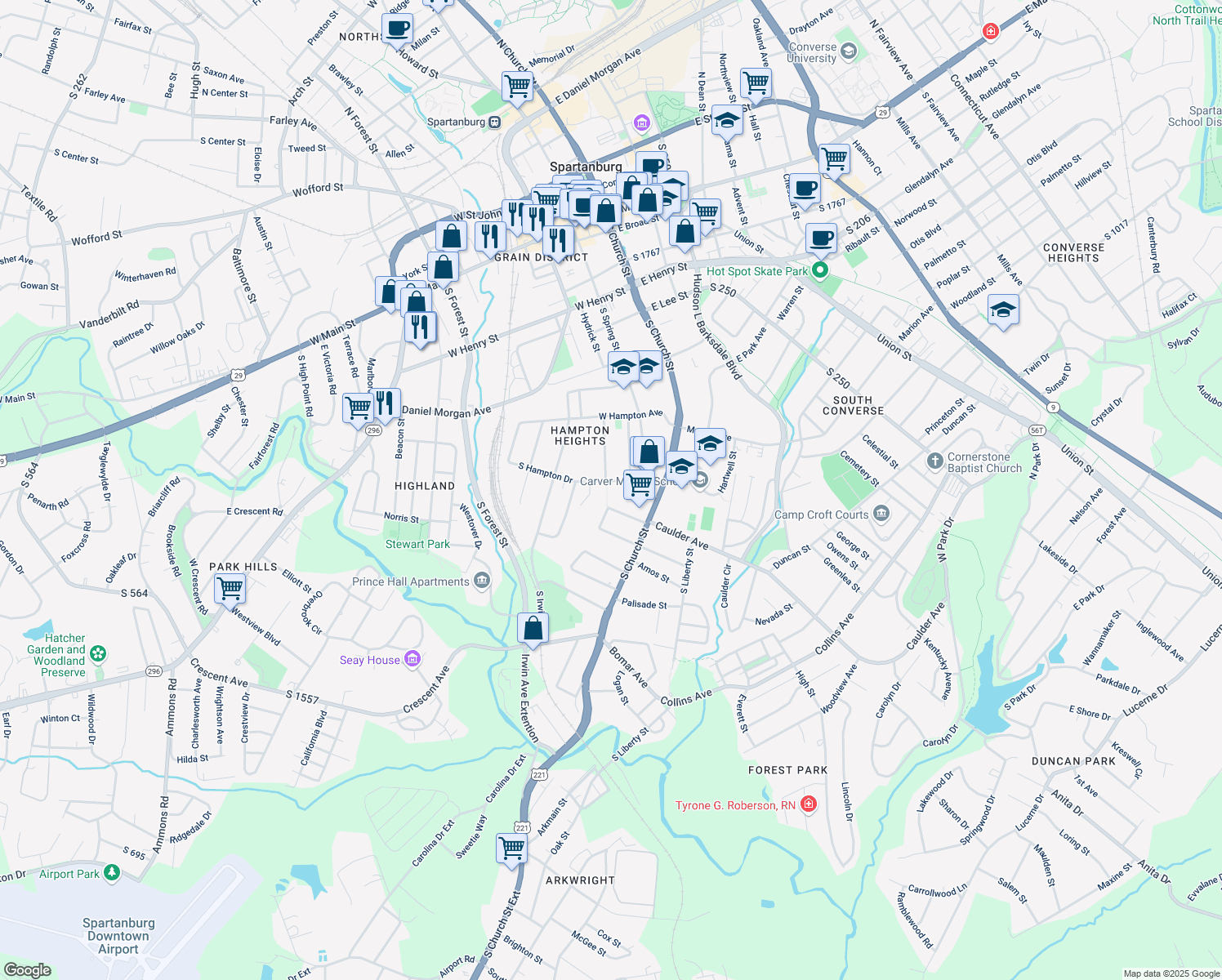 map of restaurants, bars, coffee shops, grocery stores, and more near 189 South Hampton Drive in Spartanburg
