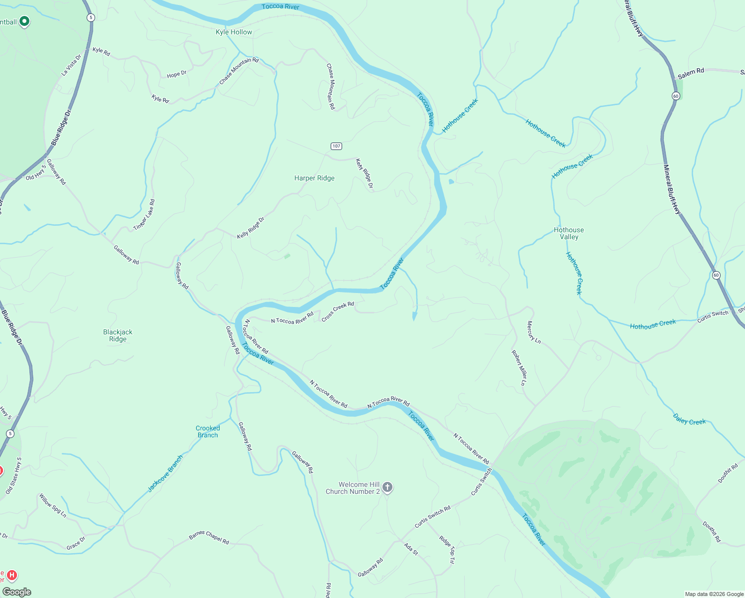 map of restaurants, bars, coffee shops, grocery stores, and more near 2239 North Toccoa River Road in Mineral Bluff