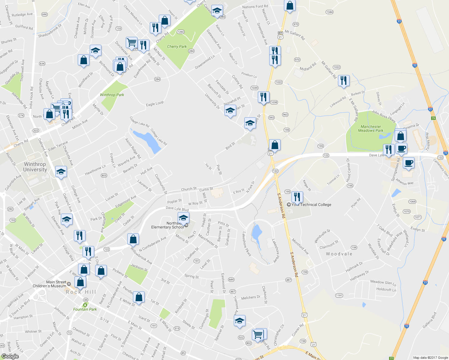 map of restaurants, bars, coffee shops, grocery stores, and more near 15 Church Street in Rock Hill