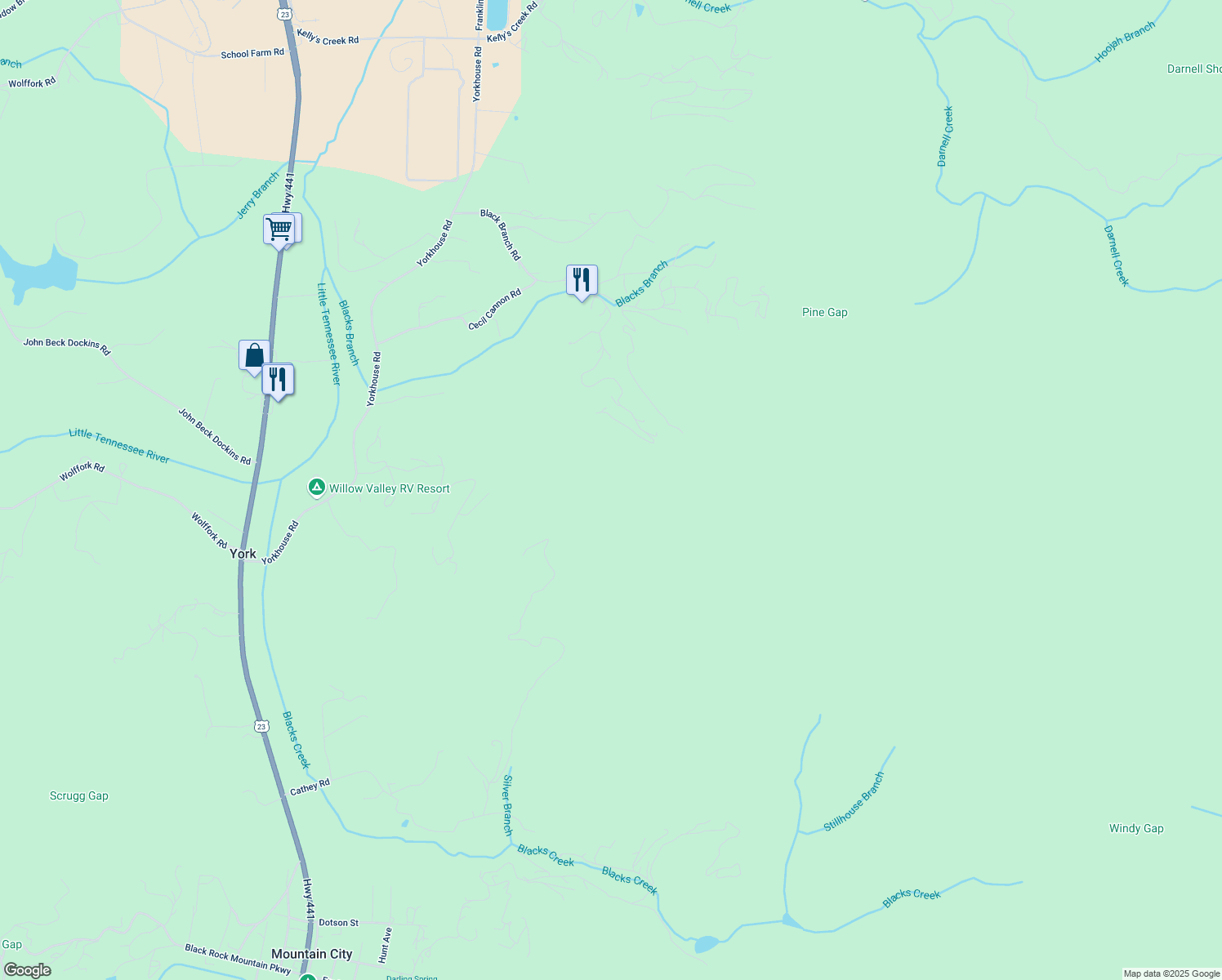 map of restaurants, bars, coffee shops, grocery stores, and more near 333 Favor in Rabun Gap