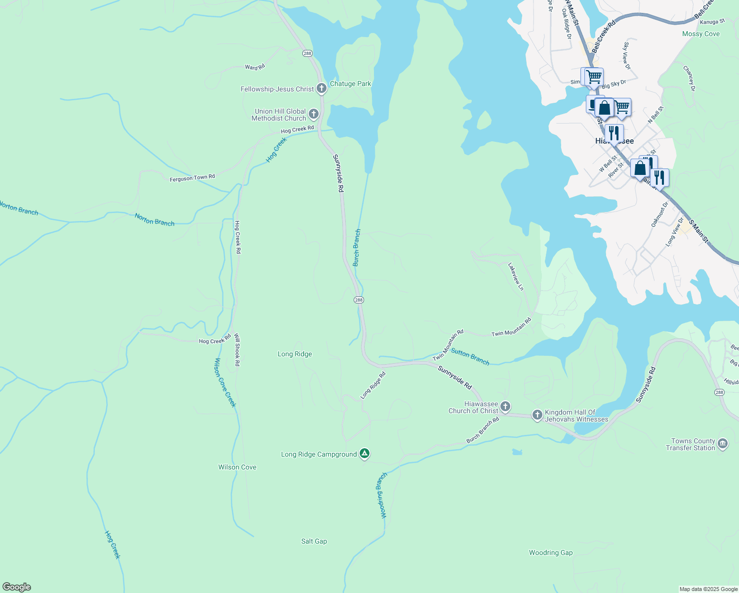 map of restaurants, bars, coffee shops, grocery stores, and more near 722 Sunnyside Road in Hiawassee