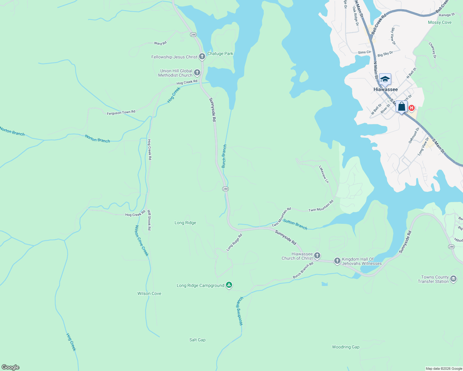 map of restaurants, bars, coffee shops, grocery stores, and more near 716 Sunnyside Road in Hiawassee