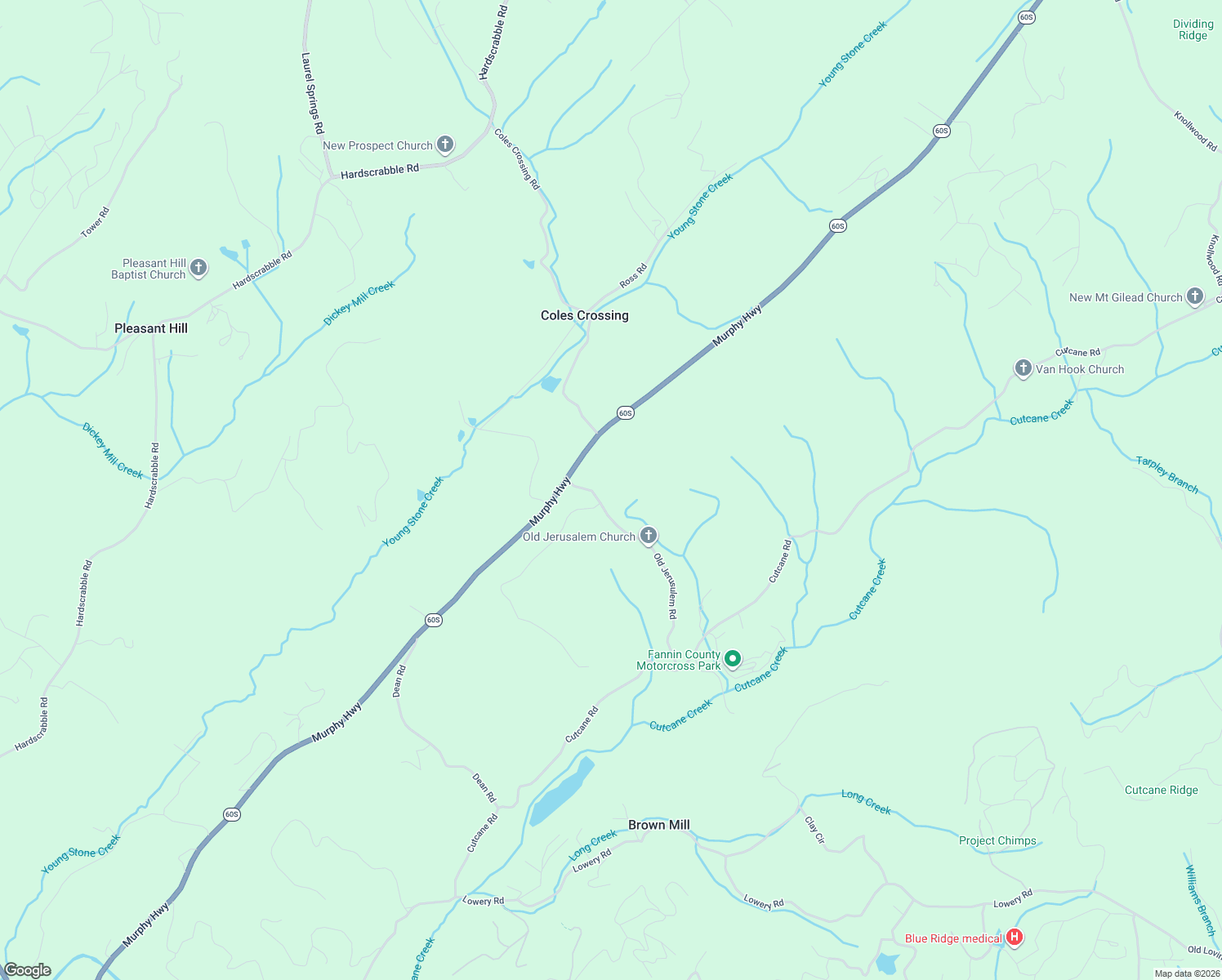 map of restaurants, bars, coffee shops, grocery stores, and more near 600-620 Old Jerusulem Road in Mineral Bluff