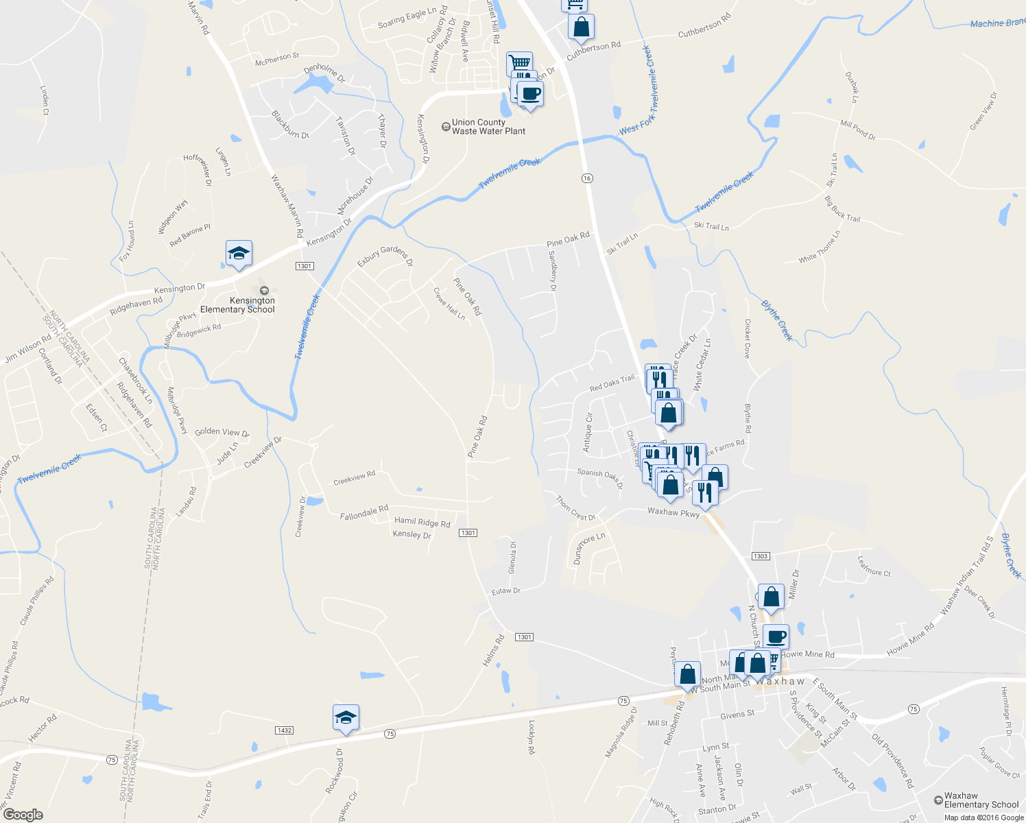 map of restaurants, bars, coffee shops, grocery stores, and more near 3908 Cassidy Drive in Waxhaw