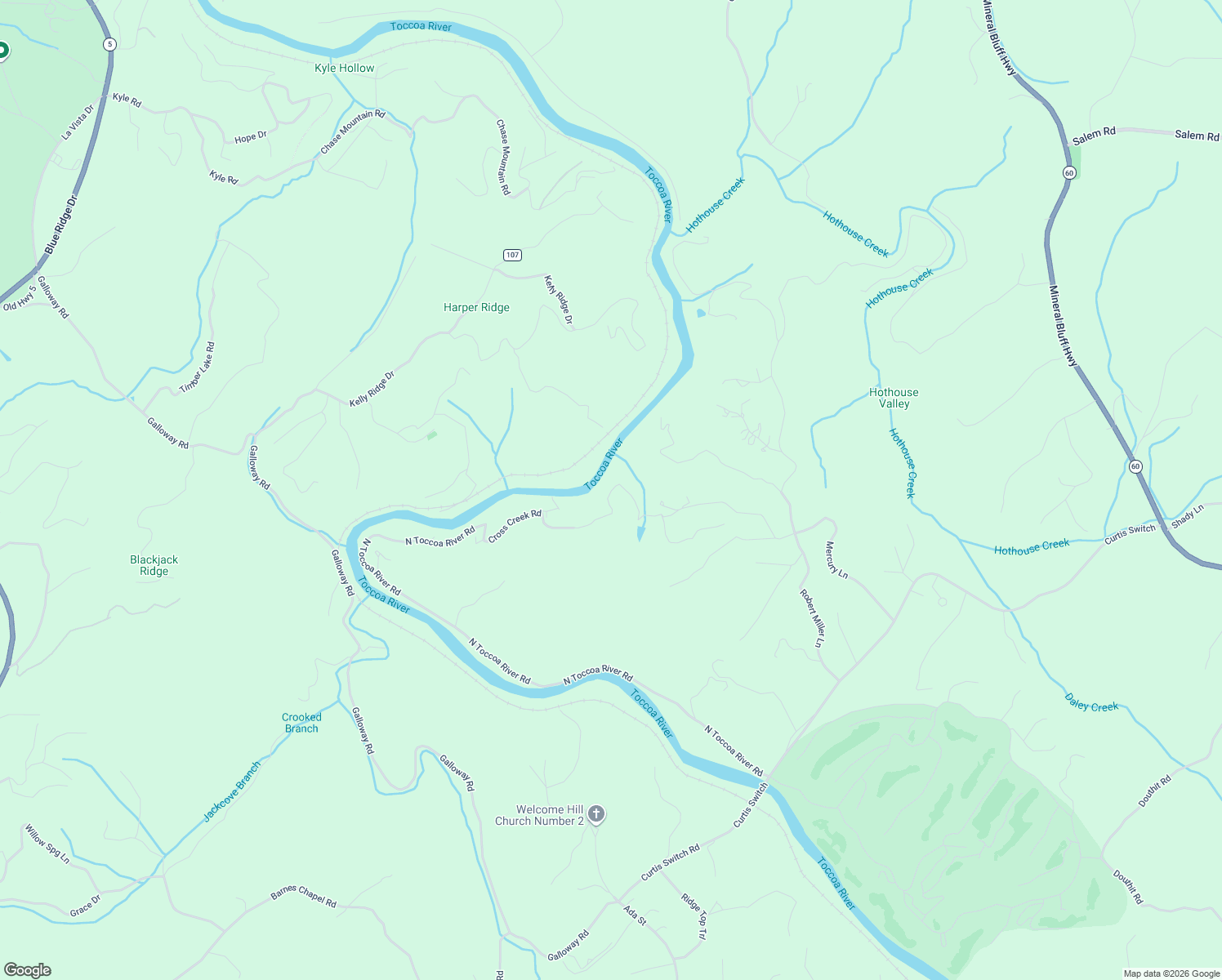 map of restaurants, bars, coffee shops, grocery stores, and more near 2239 North Toccoa River Road in Mineral Bluff