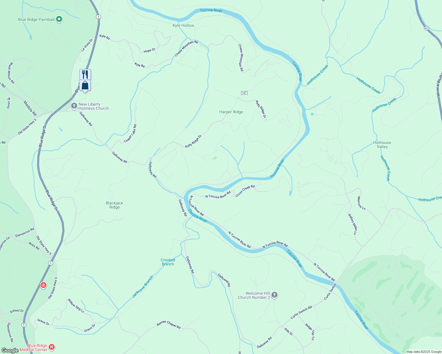 map of restaurants, bars, coffee shops, grocery stores, and more near 7 River Rock Lane in Fannin County