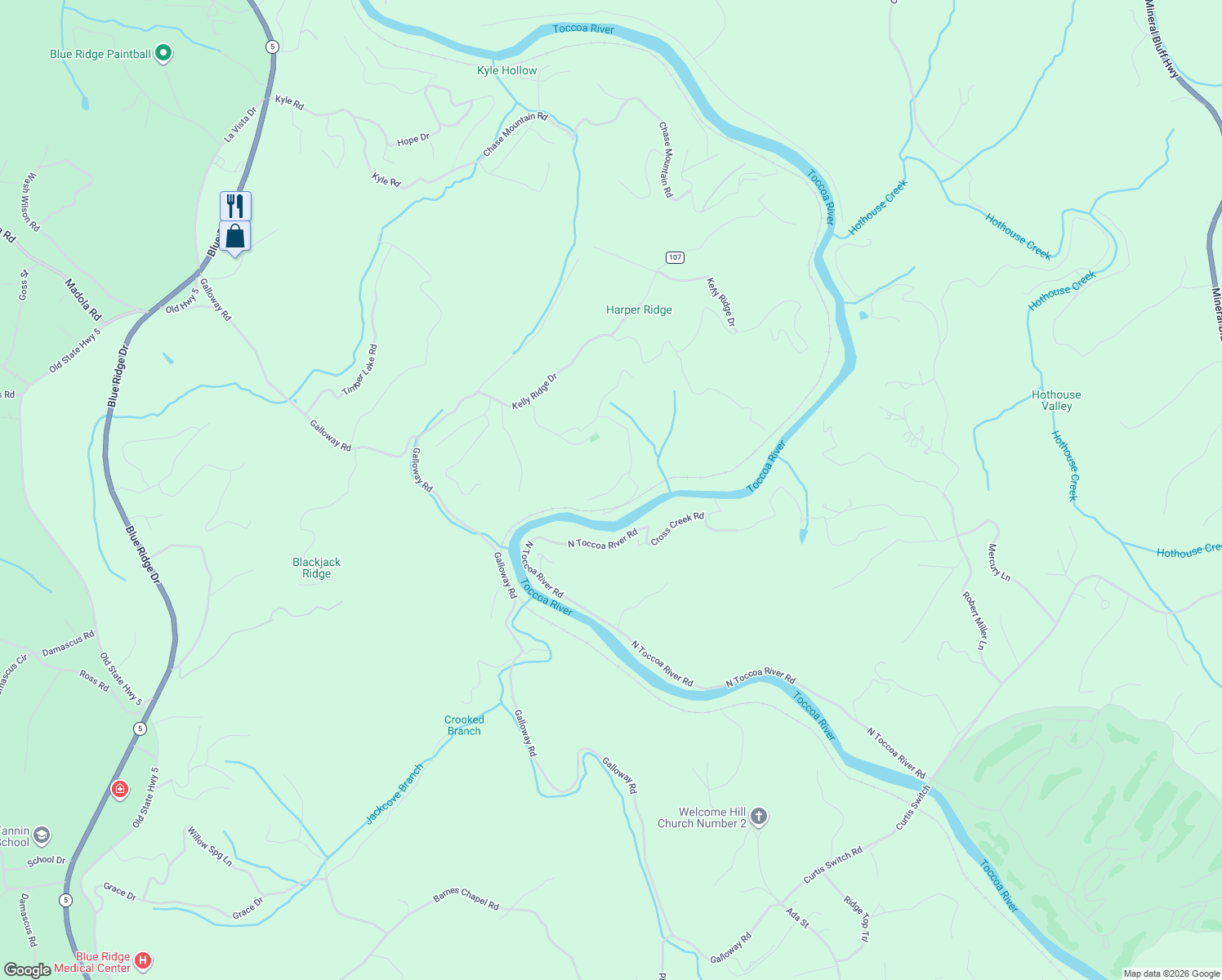 map of restaurants, bars, coffee shops, grocery stores, and more near 49 Kiki's River Road in Blue Ridge