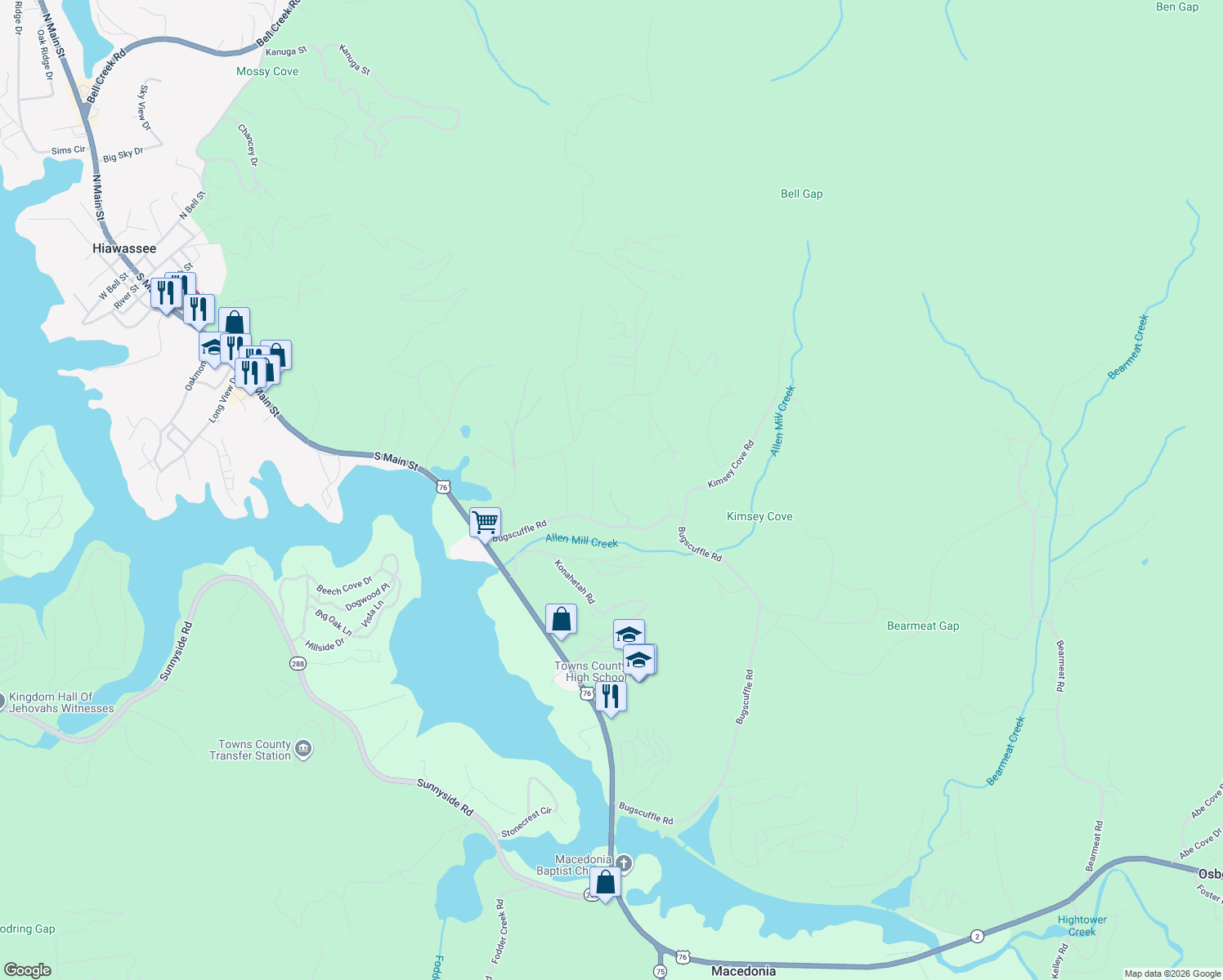 map of restaurants, bars, coffee shops, grocery stores, and more near 699 McRidge Road in Hiawassee