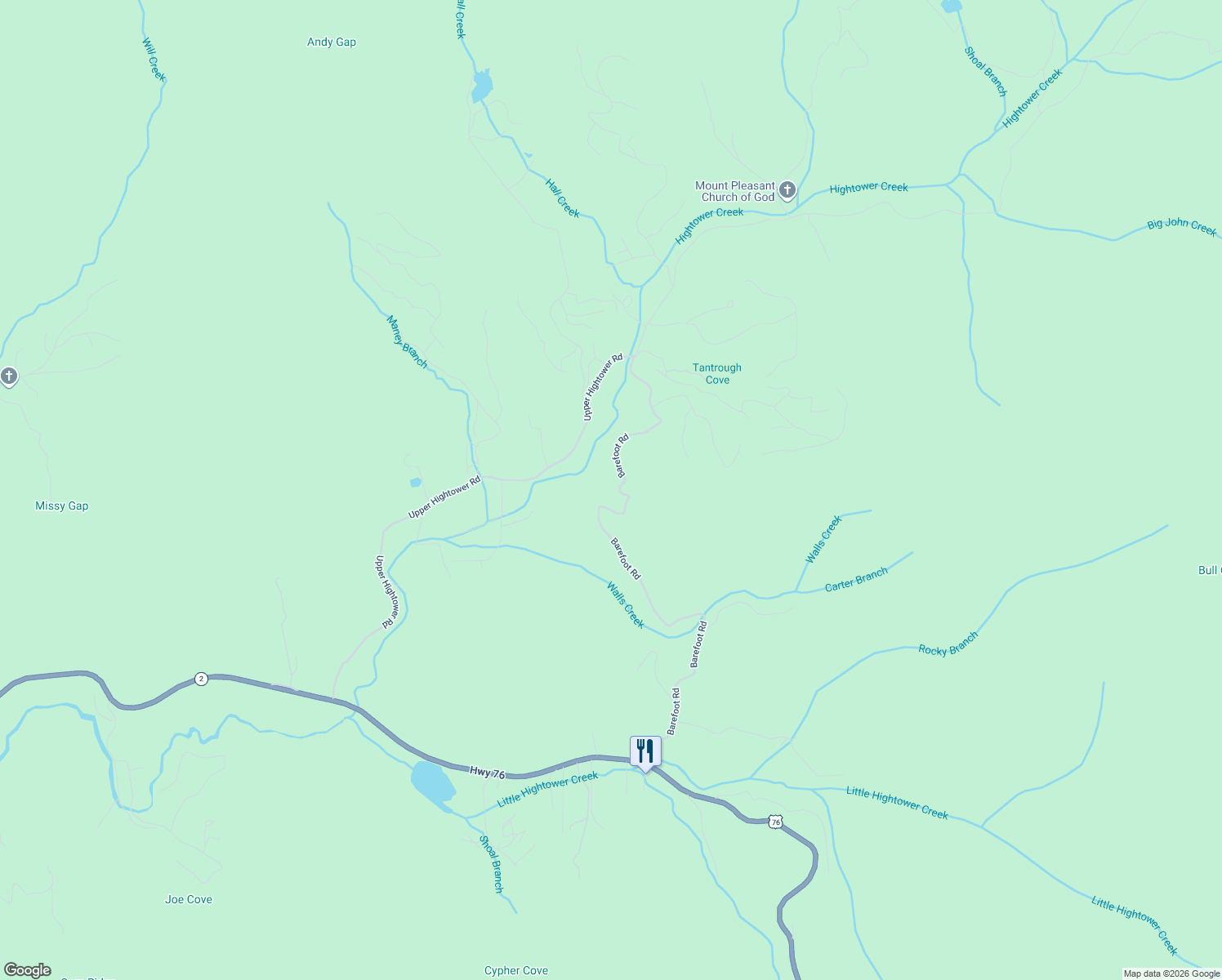 map of restaurants, bars, coffee shops, grocery stores, and more near 660 Barefoot Road in Hiawassee